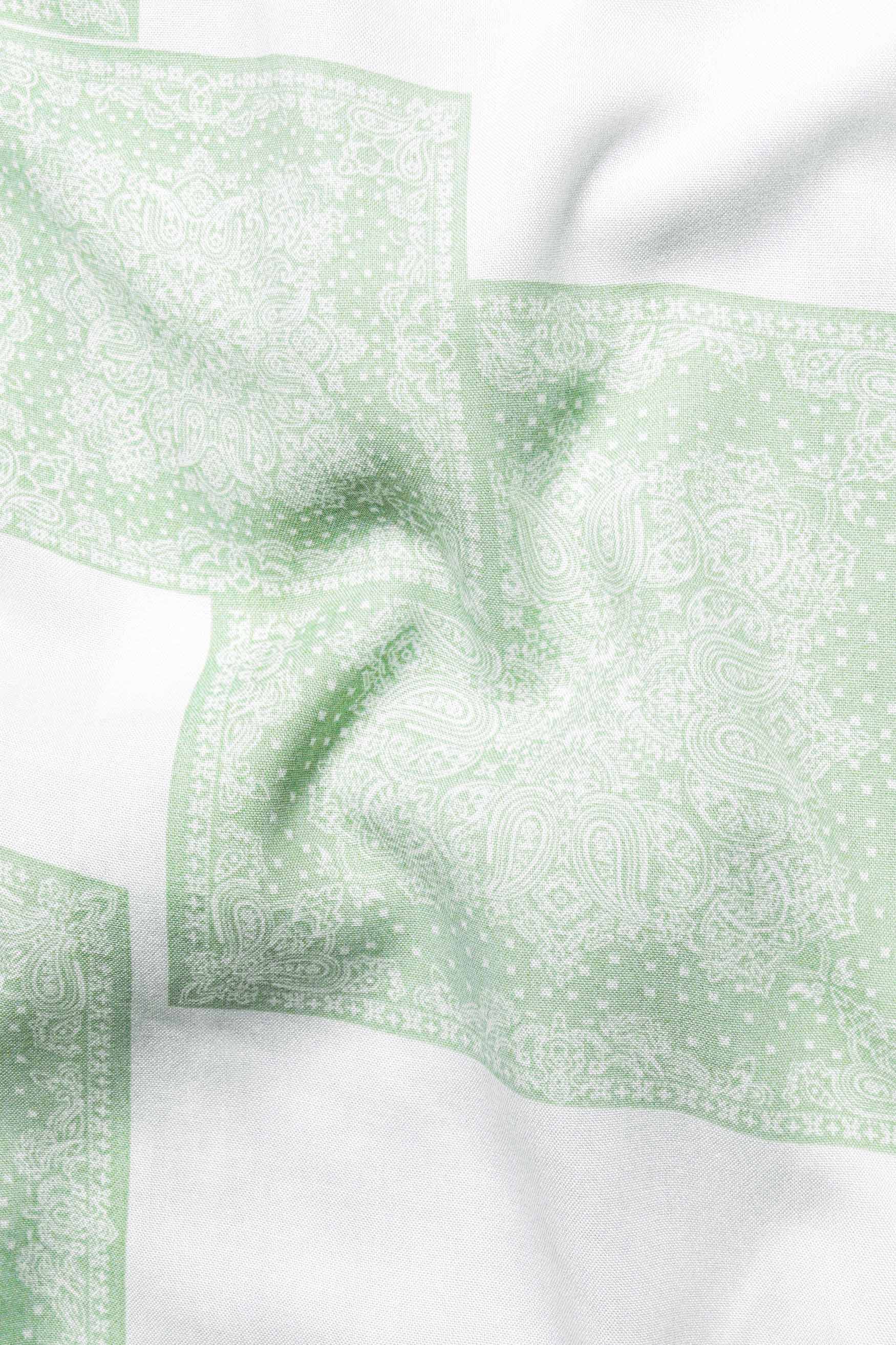 Bright White and Sage Green Paisley Printed Premium Tencel Shirt