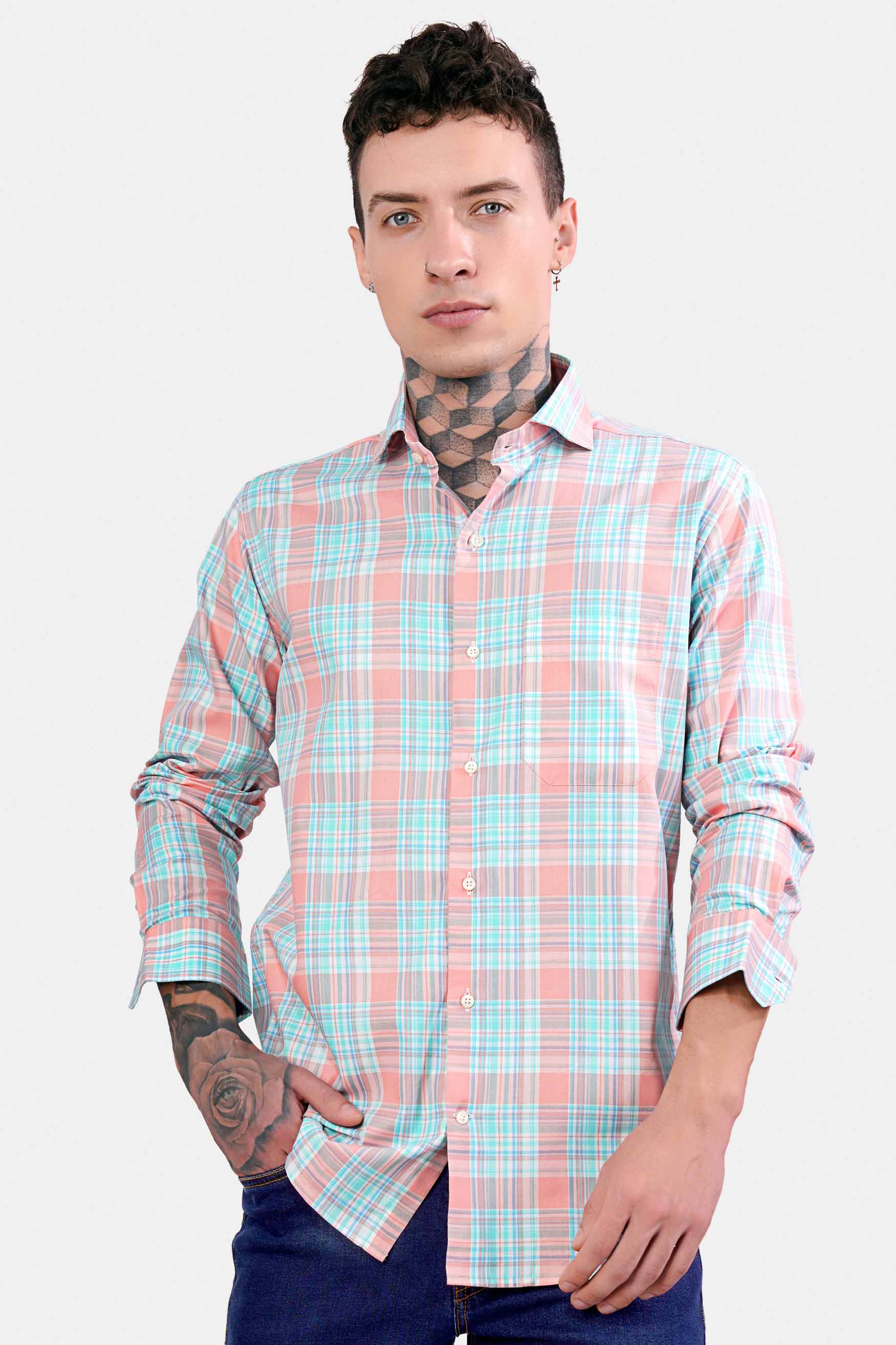 Blush Pink and Turquoise Blue Twill Plaid Premium Cotton Shirt
