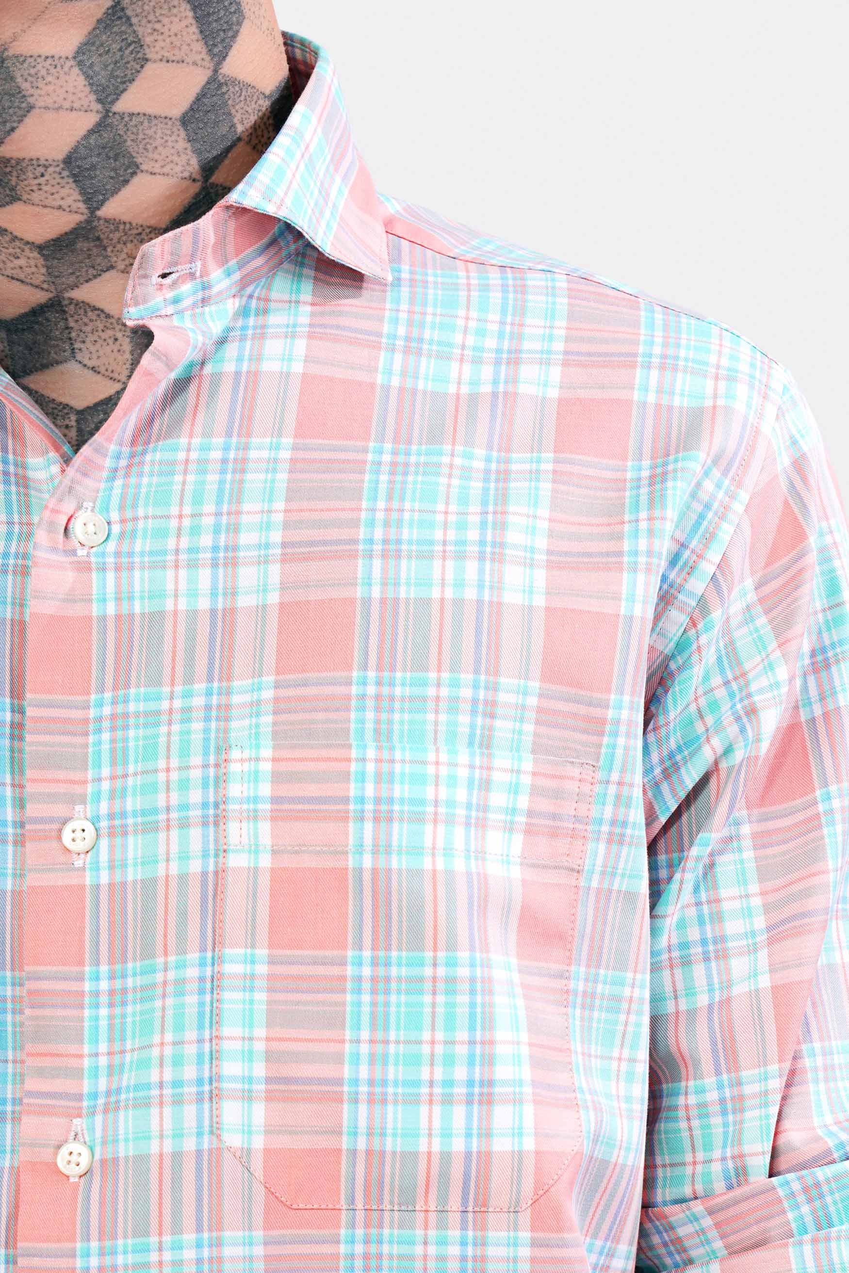 Blush Pink and Turquoise Blue Twill Plaid Premium Cotton Shirt