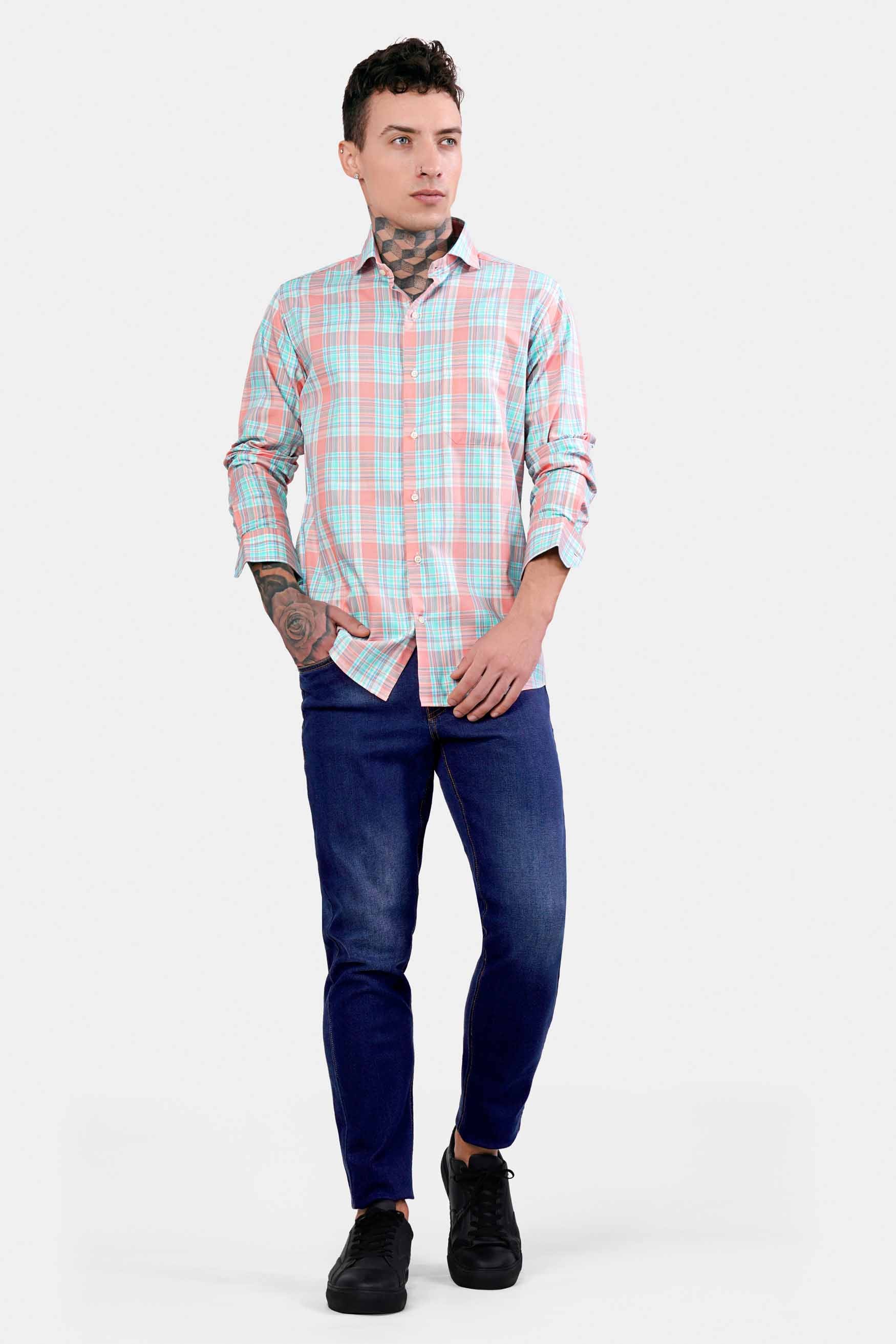 Blush Pink and Turquoise Blue Twill Plaid Premium Cotton Shirt