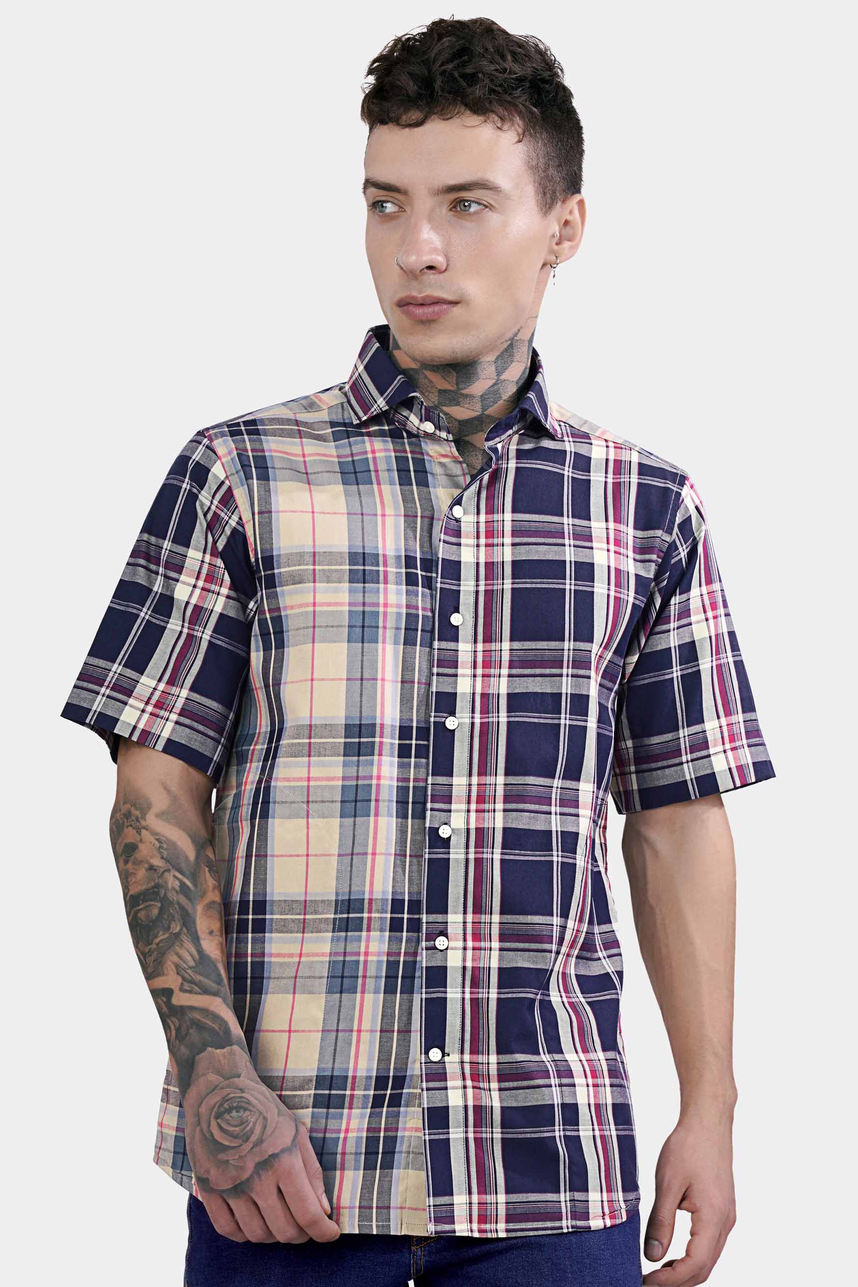 Haiti Blue and Akaroa Brown Twill Plaid Premium Cotton Half Sleeved Designer Shirt 11400-CA-SS-38, 11400-CA-SS-39, 11400-CA-SS-40, 11400-CA-SS-42, 11400-CA-SS-44, 11400-CA-SS-46, 11400-CA-SS-48, 11400-CA-SS-50, 11400-CA-SS-52