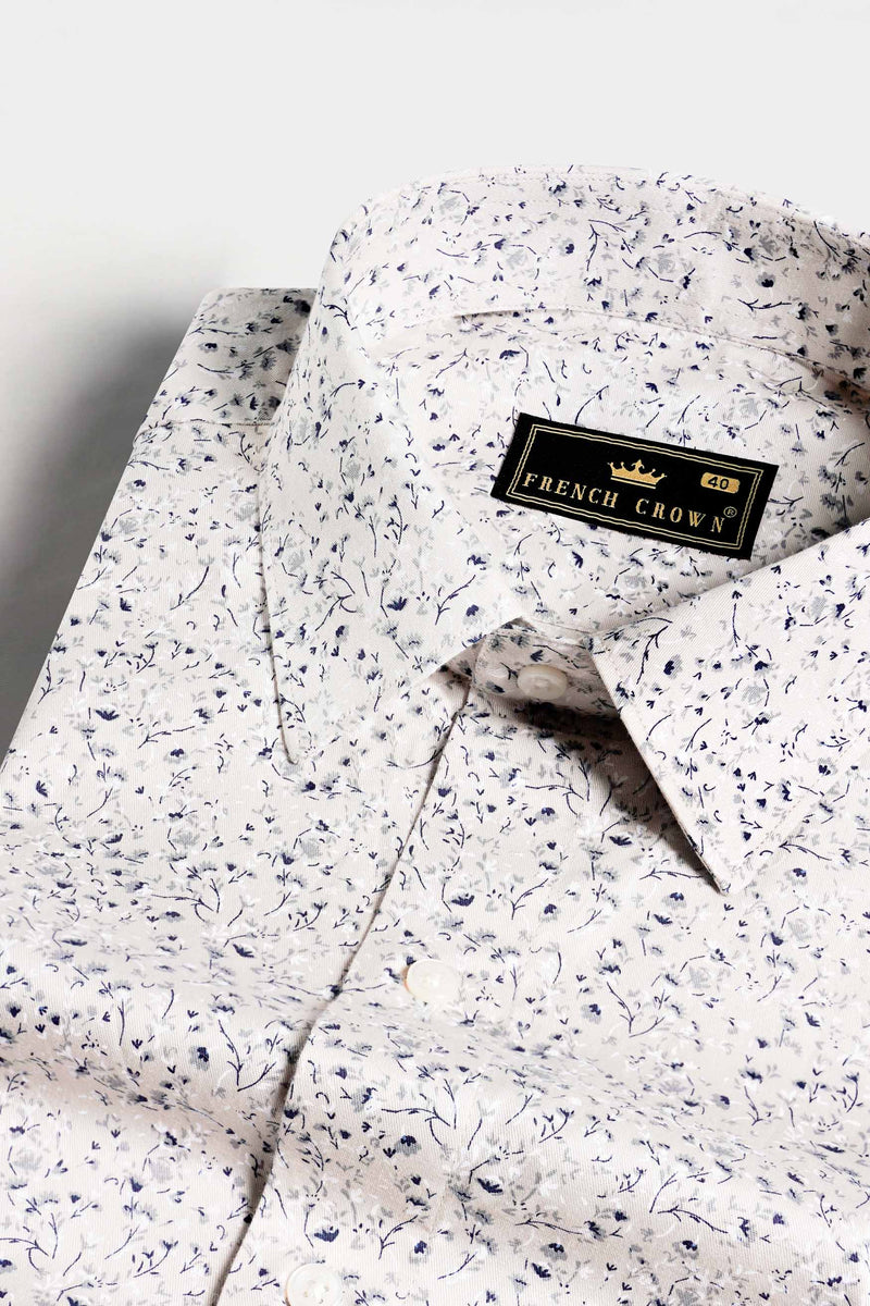 Bon Jour Cream and Rhino Blue Ditsy Printed Royal Oxford Shirt