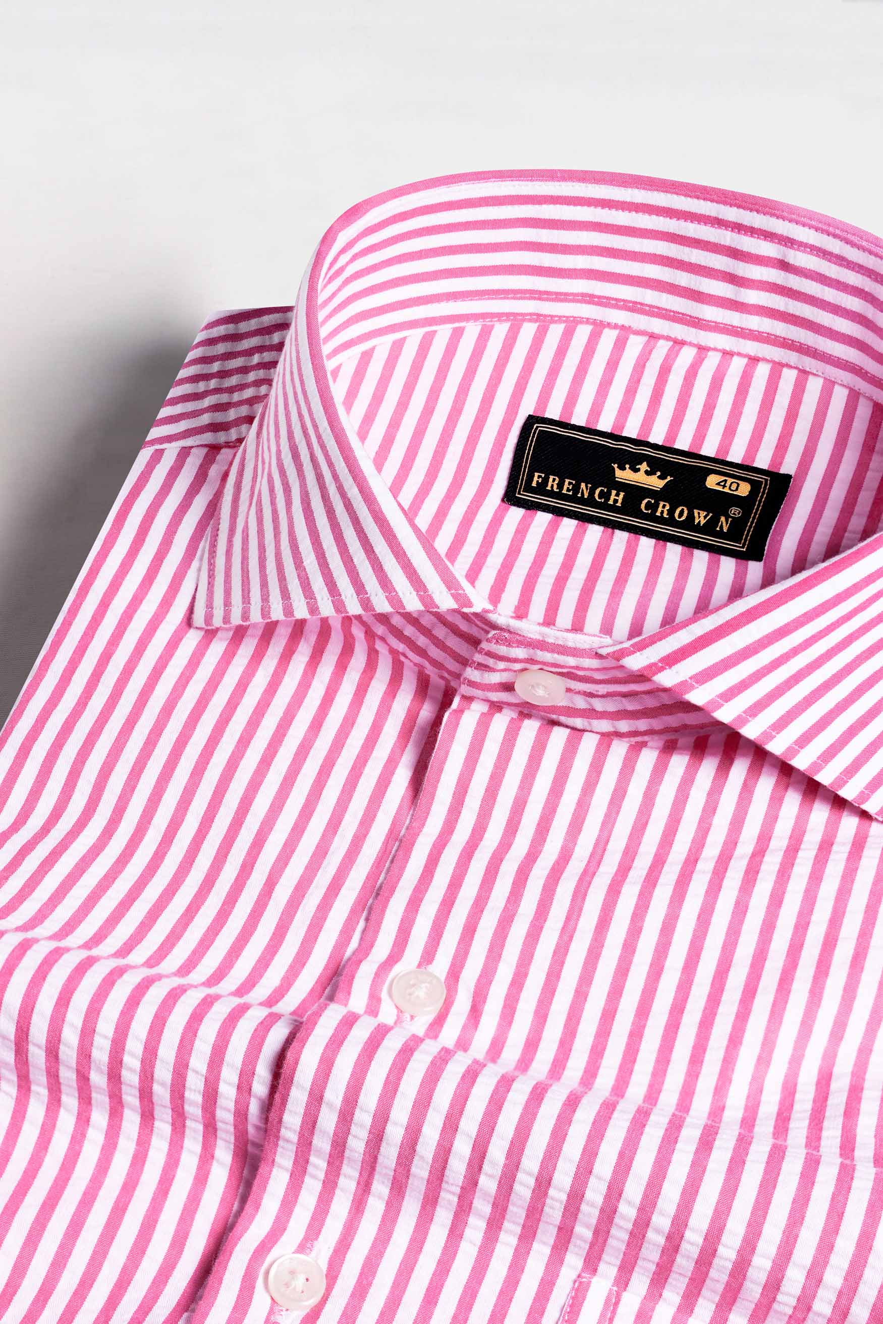 Taffy Pink and Bright White Striped Seersucker Giza Cotton Shirt 11409-CA-38, 11409-CA-H-38, 11409-CA-39, 11409-CA-H-39, 11409-CA-40, 11409-CA-H-40, 11409-CA-42, 11409-CA-H-42, 11409-CA-44, 11409-CA-H-44, 11409-CA-46, 11409-CA-H-46, 11409-CA-48, 11409-CA-H-48, 11409-CA-50, 11409-CA-H-50, 11409-CA-52, 11409-CA-H-52