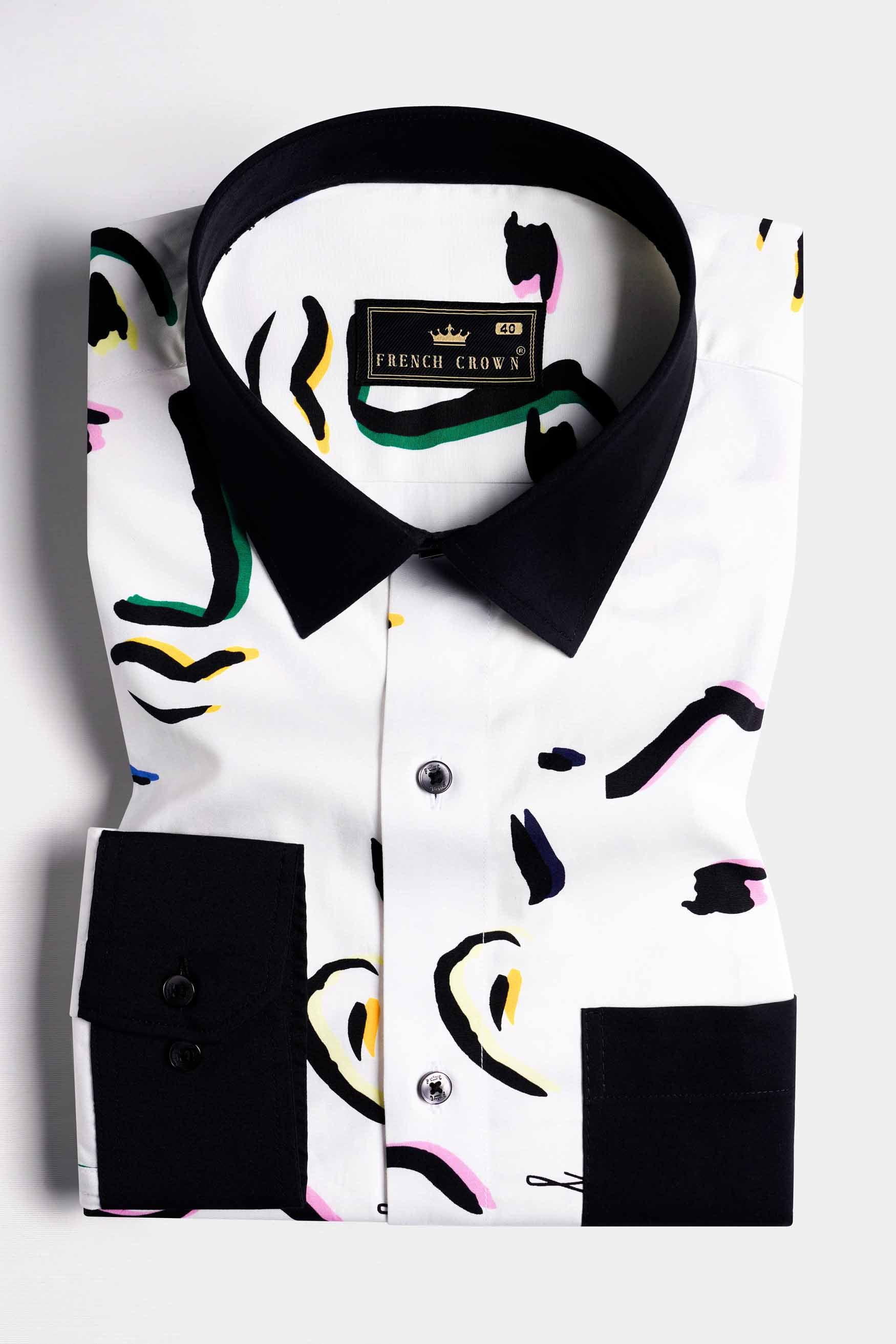 Bright White Faces Printed with Black Cuffs and Collar Premium Cotton Shirt 11433-BCC-BLK-38, 11433-BCC-BLK-H-38, 11433-BCC-BLK-39, 11433-BCC-BLK-H-39, 11433-BCC-BLK-40, 11433-BCC-BLK-H-40, 11433-BCC-BLK-42, 11433-BCC-BLK-H-42, 11433-BCC-BLK-44, 11433-BCC-BLK-H-44, 11433-BCC-BLK-46, 11433-BCC-BLK-H-46, 11433-BCC-BLK-48, 11433-BCC-BLK-H-48, 11433-BCC-BLK-50, 11433-BCC-BLK-H-50, 11433-BCC-BLK-52, 11433-BCC-BLK-H-52