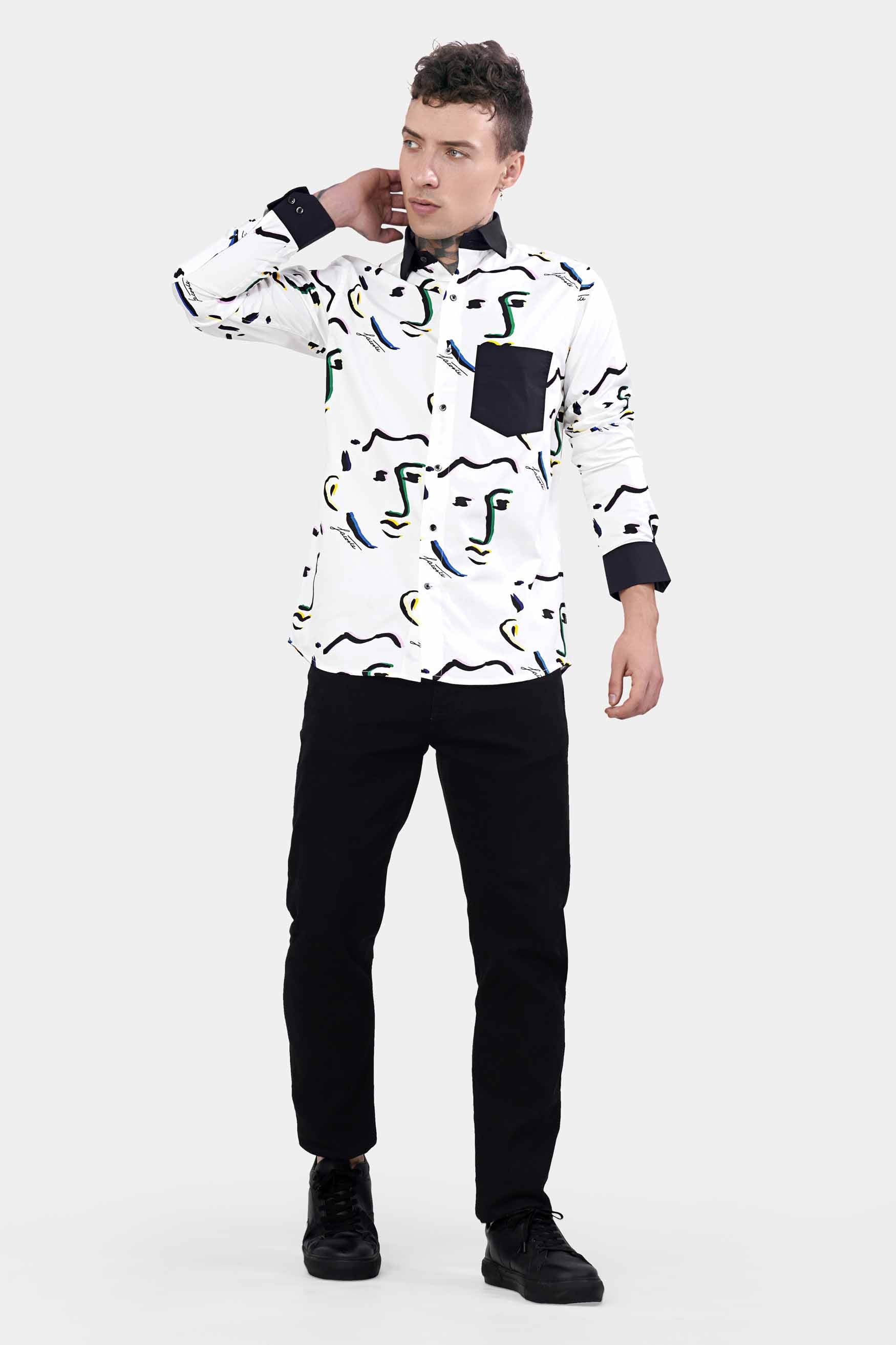 Bright White Faces Printed with Black Cuffs and Collar Premium Cotton Shirt 11433-BCC-BLK-38, 11433-BCC-BLK-H-38, 11433-BCC-BLK-39, 11433-BCC-BLK-H-39, 11433-BCC-BLK-40, 11433-BCC-BLK-H-40, 11433-BCC-BLK-42, 11433-BCC-BLK-H-42, 11433-BCC-BLK-44, 11433-BCC-BLK-H-44, 11433-BCC-BLK-46, 11433-BCC-BLK-H-46, 11433-BCC-BLK-48, 11433-BCC-BLK-H-48, 11433-BCC-BLK-50, 11433-BCC-BLK-H-50, 11433-BCC-BLK-52, 11433-BCC-BLK-H-52