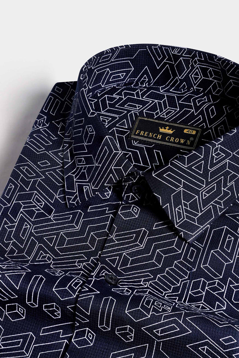 Astros Blue and Bright White Dobby Textured Premium Giza Cotton Mandarin Shirt