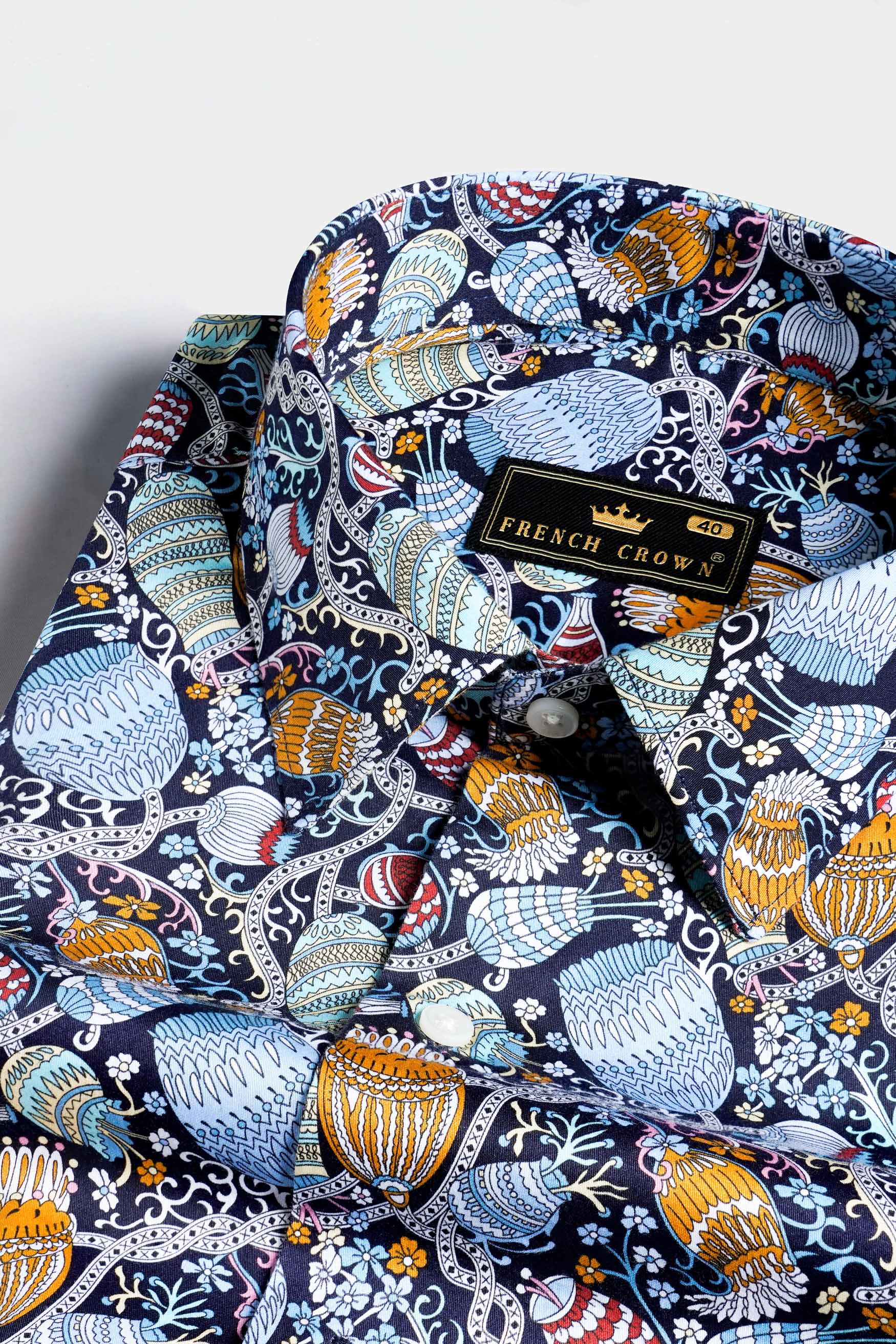 Haiti Blue and Ochre Orange Floral Printed Subtle Sheen Super Soft Premium Cotton Designer Shirt 11477-38, 11477-H-38, 11477-39, 11477-H-39, 11477-40, 11477-H-40, 11477-42, 11477-H-42, 11477-44, 11477-H-44, 11477-46, 11477-H-46, 11477-48, 11477-H-48, 11477-50, 11477-H-50, 11477-52, 11477-H-52