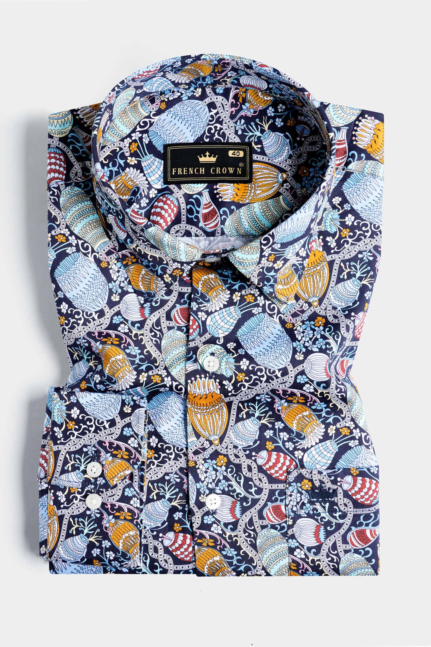 Haiti Blue and Ochre Orange Floral Printed Subtle Sheen Super Soft Premium Cotton Designer Shirt 11477-38, 11477-H-38, 11477-39, 11477-H-39, 11477-40, 11477-H-40, 11477-42, 11477-H-42, 11477-44, 11477-H-44, 11477-46, 11477-H-46, 11477-48, 11477-H-48, 11477-50, 11477-H-50, 11477-52, 11477-H-52