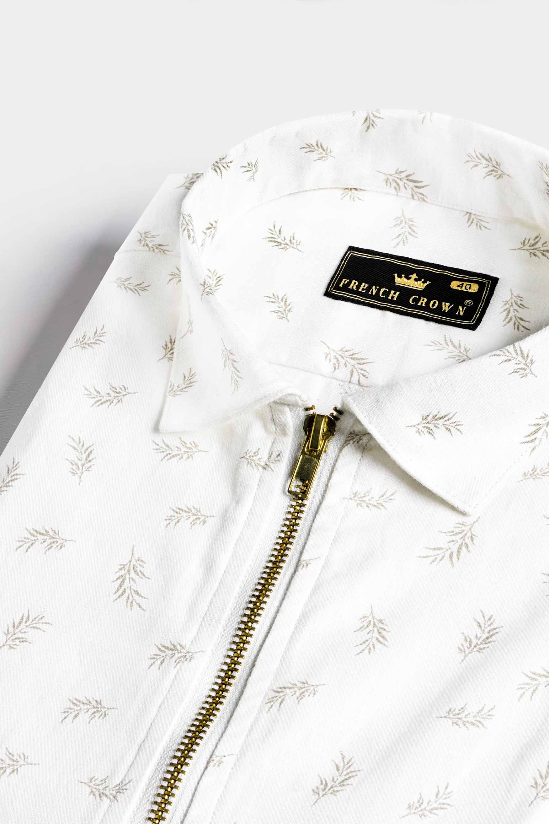 Bright White Leaves Printed Royal Oxford Designer Shirt with Zipper Closure