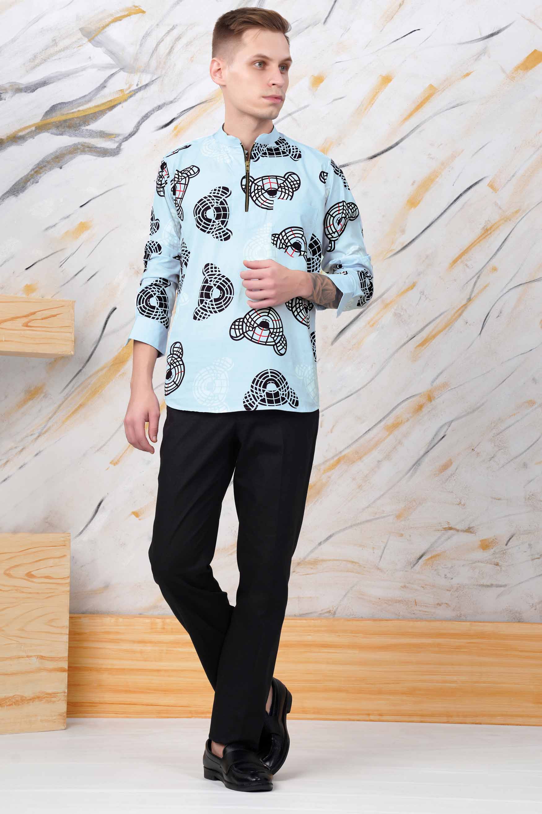 Sinbad Blue and Black Bear Printed Premium Cotton Designer Shirt