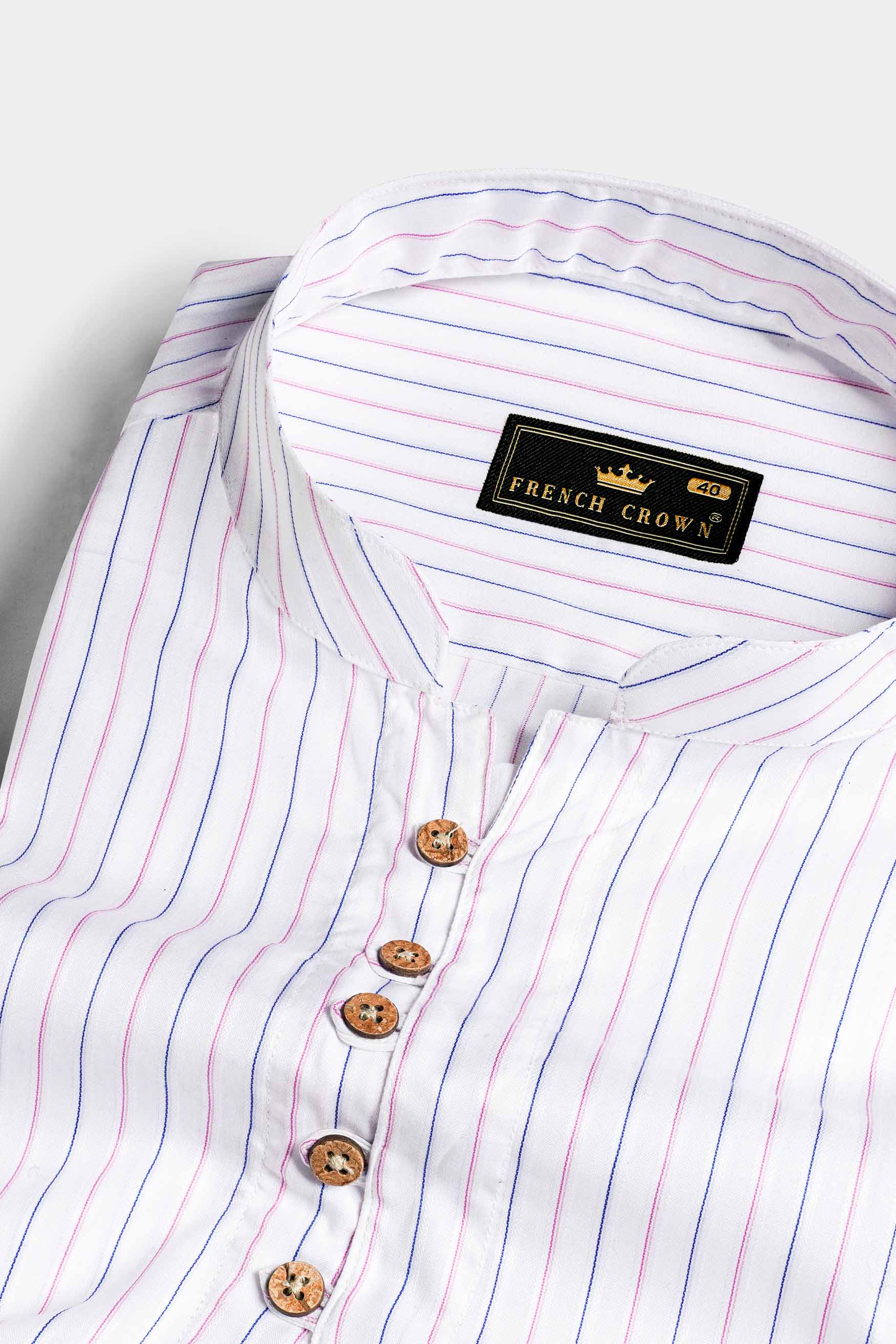 Bright White with Orchid Pink and Catalina Blue Striped Premium Cotton Kurta Shirt