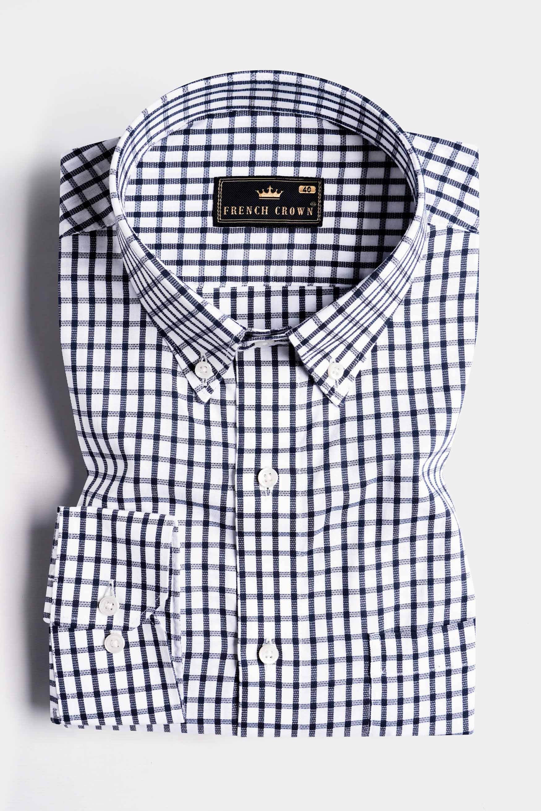 Deep Cove Blue and White Gingham Checkered Dobby Textured Premium Giza Cotton Shirt