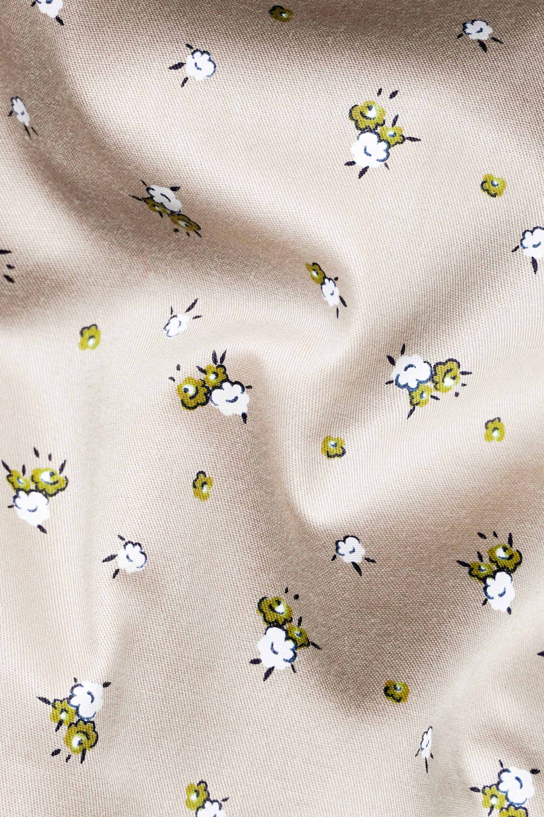 Sisal Beige and Pesto Green Floral Printed Twill Premium Cotton Designer Shirt