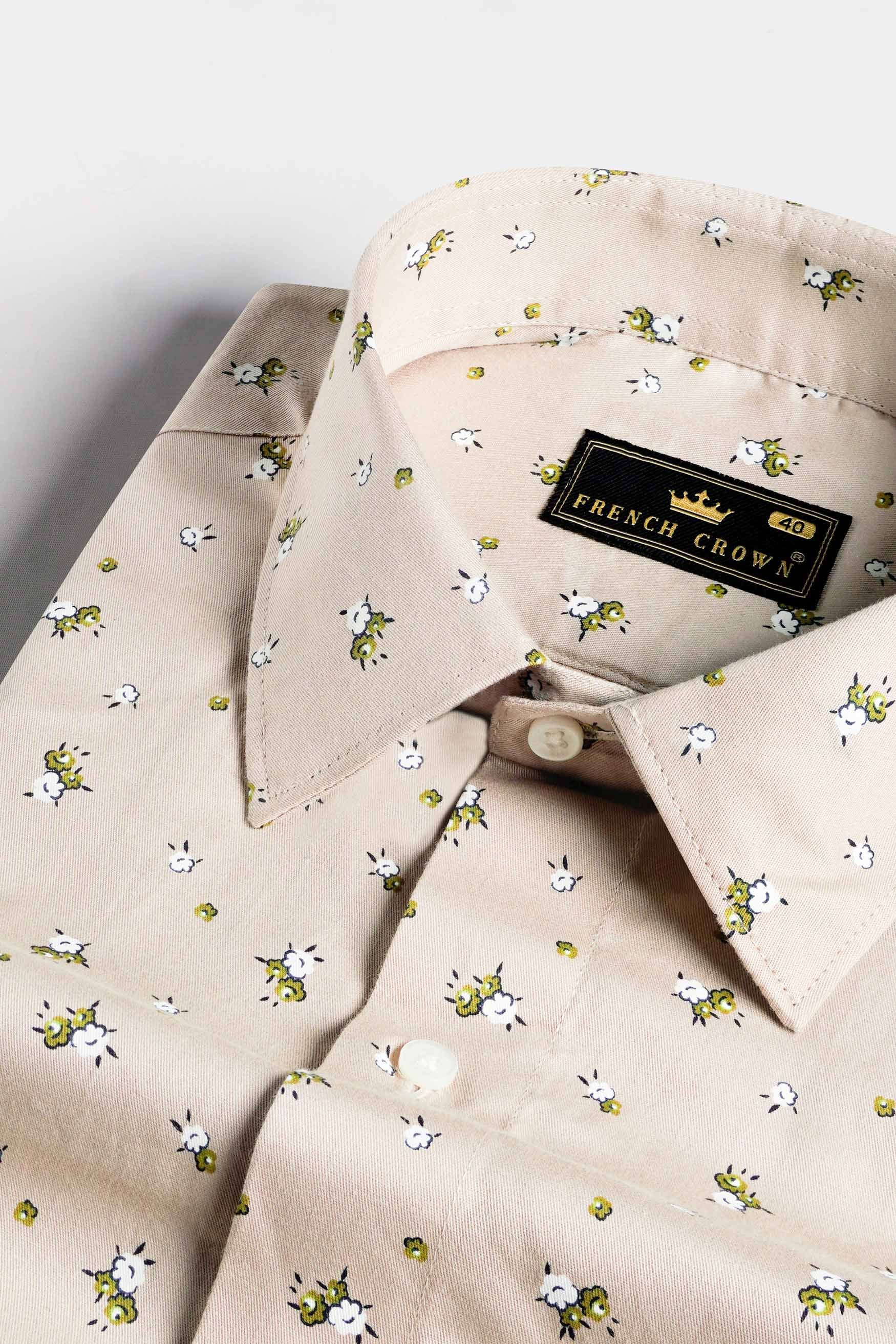 Sisal Beige and Pesto Green Floral Printed Twill Premium Cotton Designer Shirt