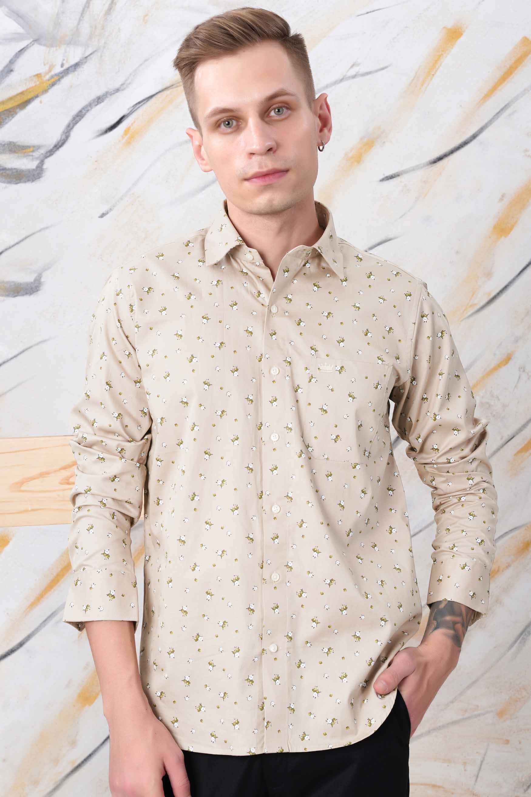 Sisal Beige and Pesto Green Floral Printed Twill Premium Cotton Designer Shirt