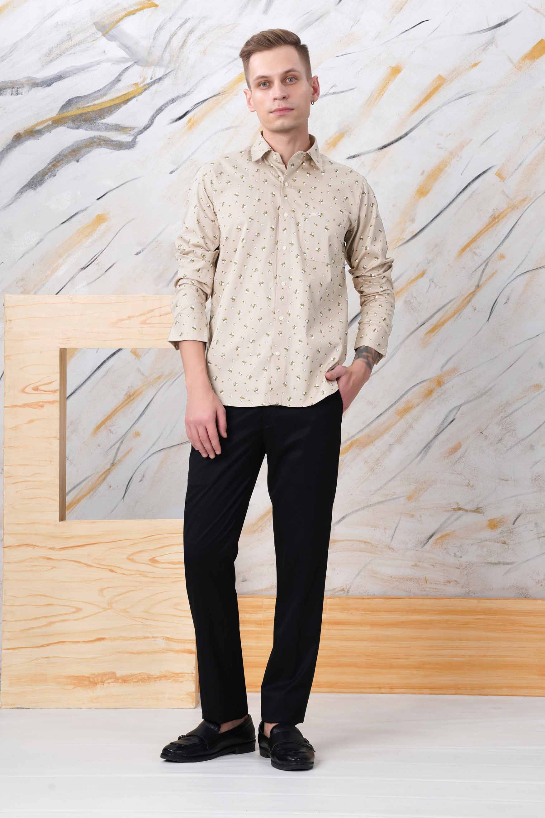 Sisal Beige and Pesto Green Floral Printed Twill Premium Cotton Designer Shirt