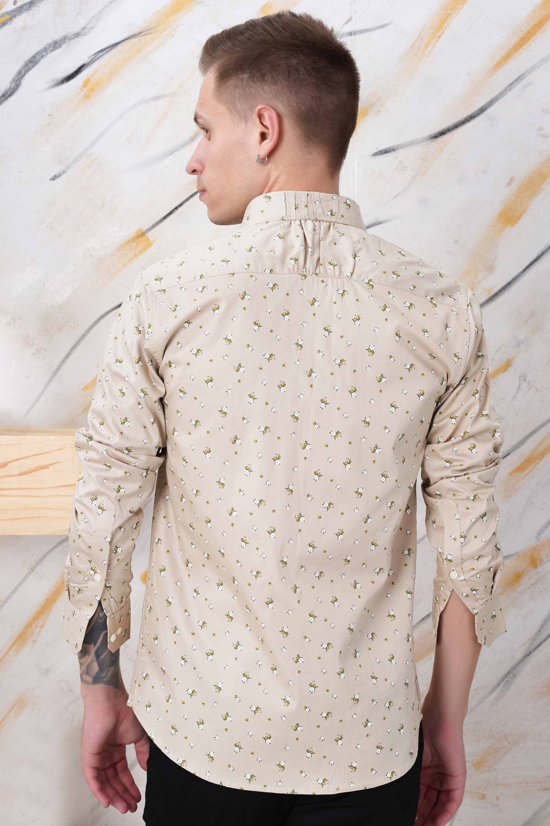 Sisal Beige and Pesto Green Floral Printed Twill Premium Cotton Designer Shirt