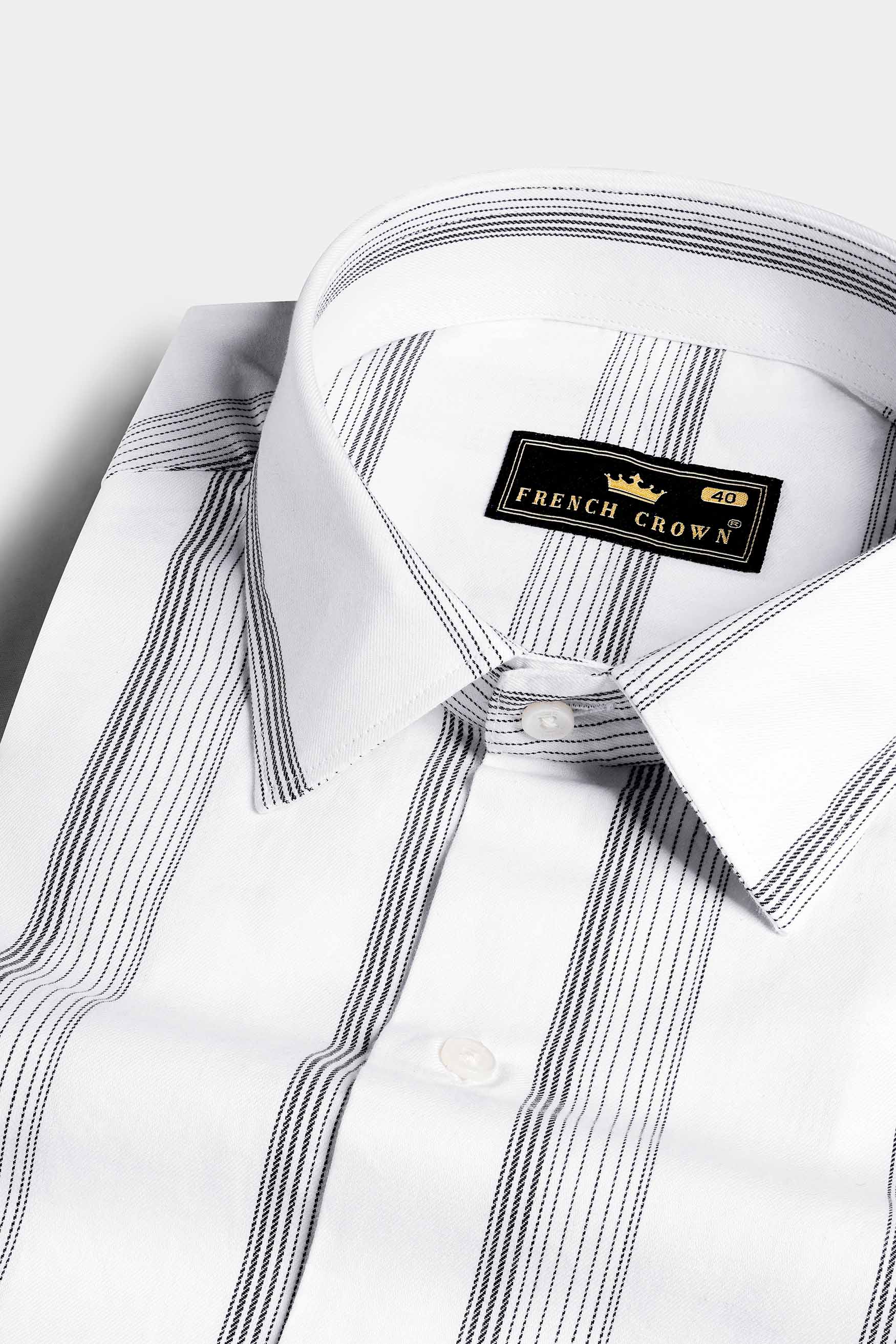 Bright White with Black Casual Stripes Premium Cotton Shirt for Men 17.5in / 44cm / XL / Full Sleeves