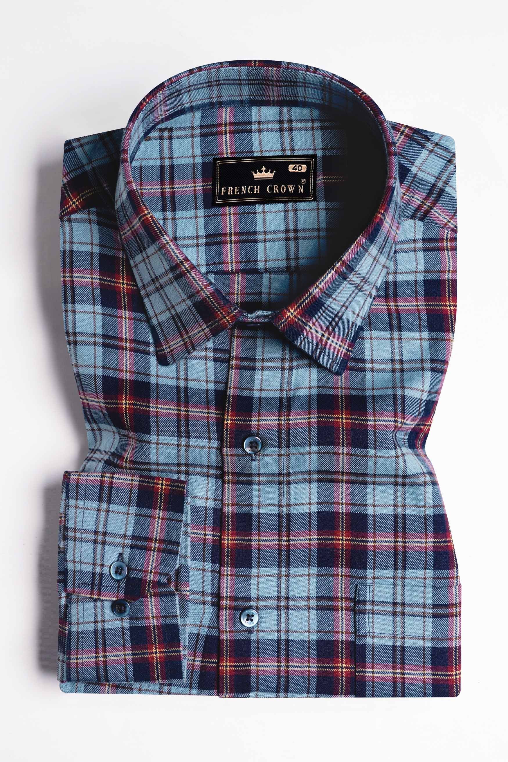 Glacier Blue and Merlot Red Twill Plaid Premium Cotton Shirt