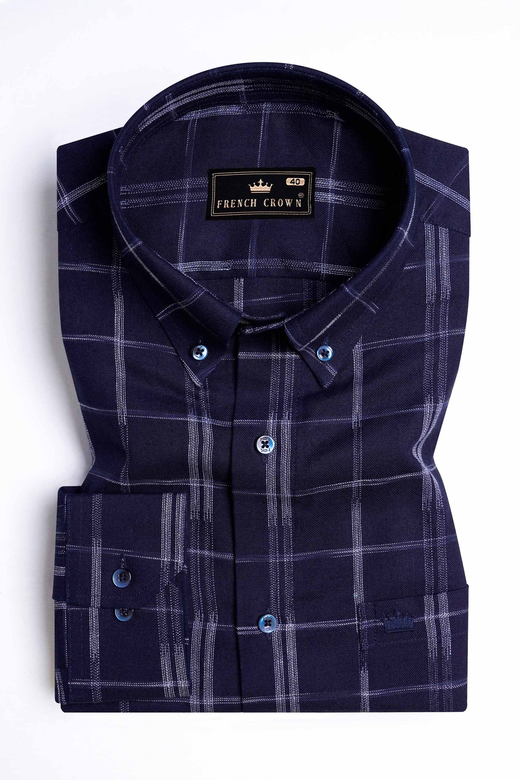 Midnight Blue and White Checkered Dobby Textured Premium Giza Cotton Shirt