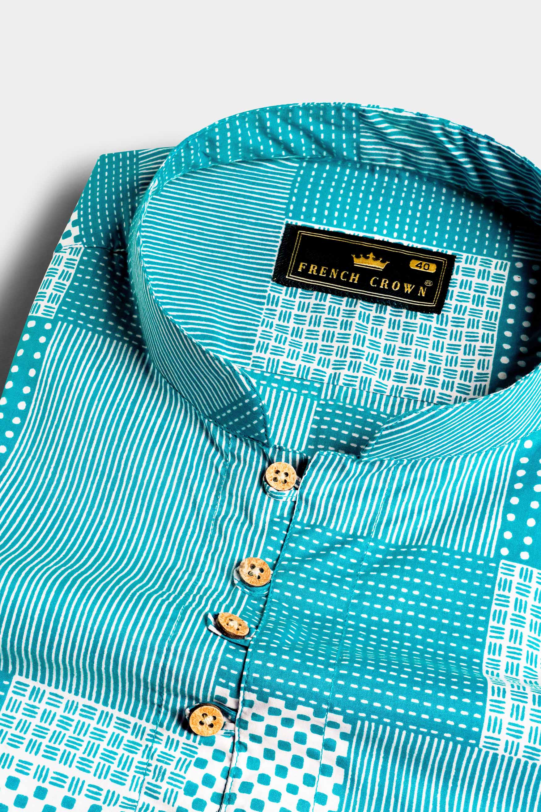 Pacific Blue and White Tile Printed Premium Cotton Kurta Shirt