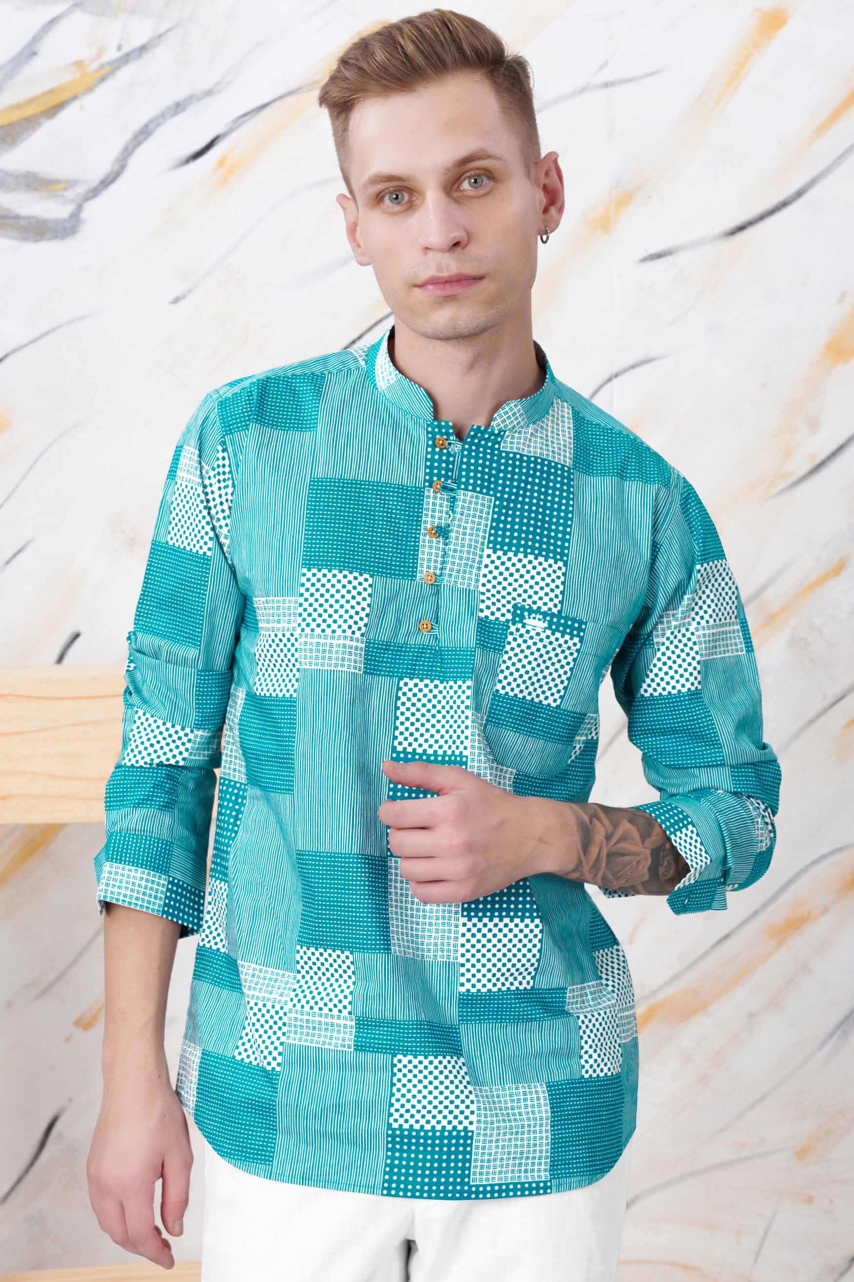 Pacific Blue and White Tile Printed Premium Cotton Kurta Shirt