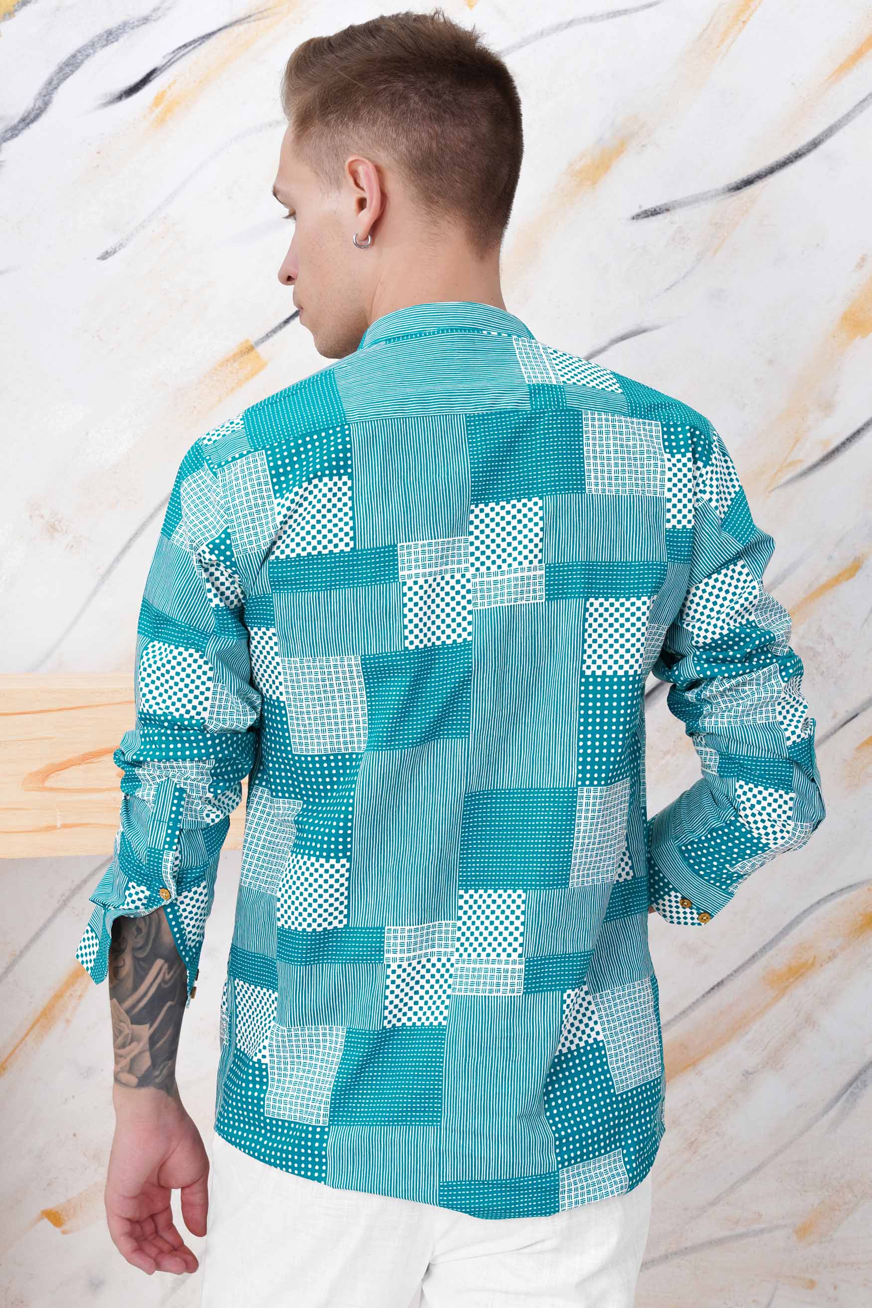 Pacific Blue and White Tile Printed Premium Cotton Kurta Shirt