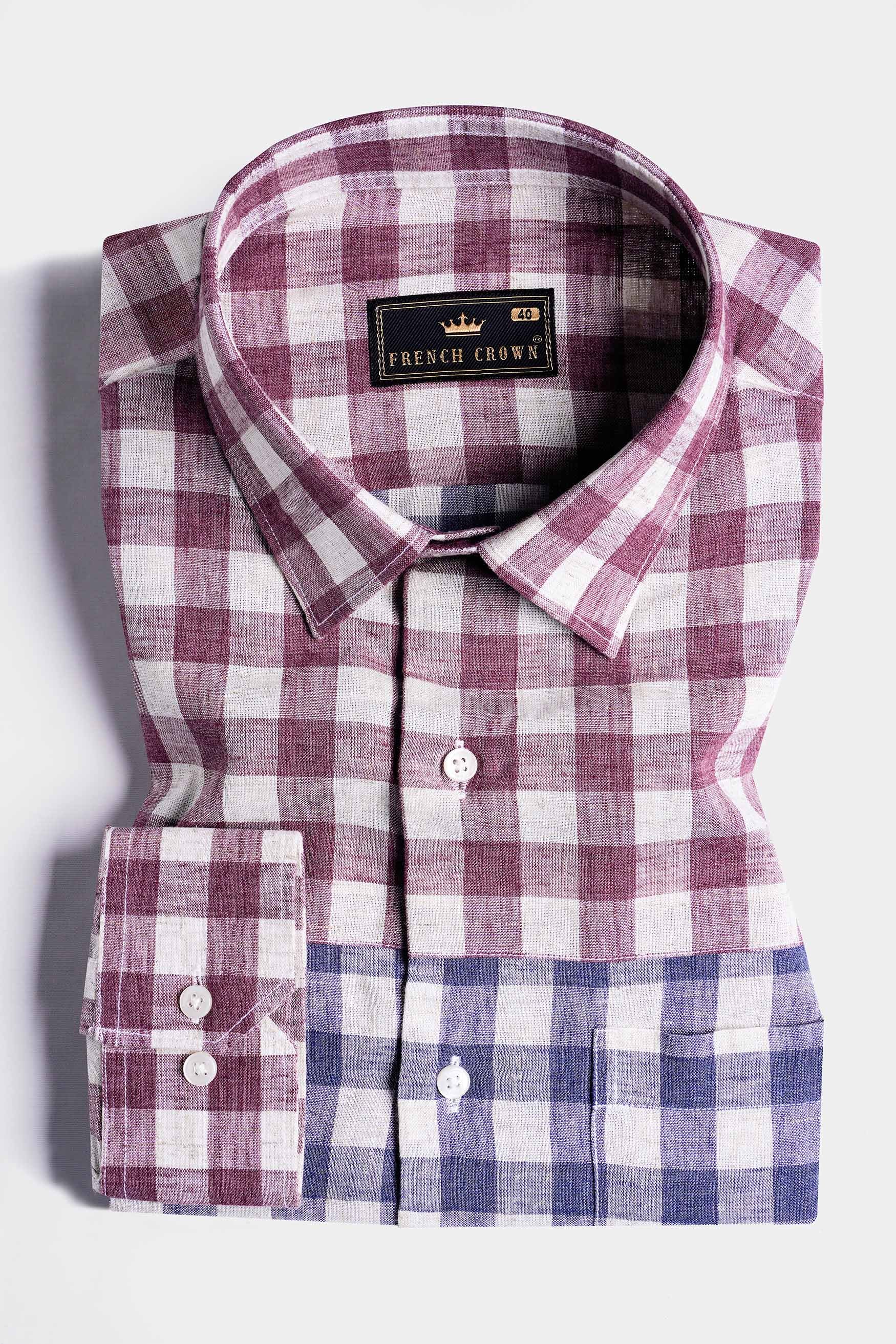 Rhino Blue with Muave Pink and White Plaid Luxurious linen Designer Shirt