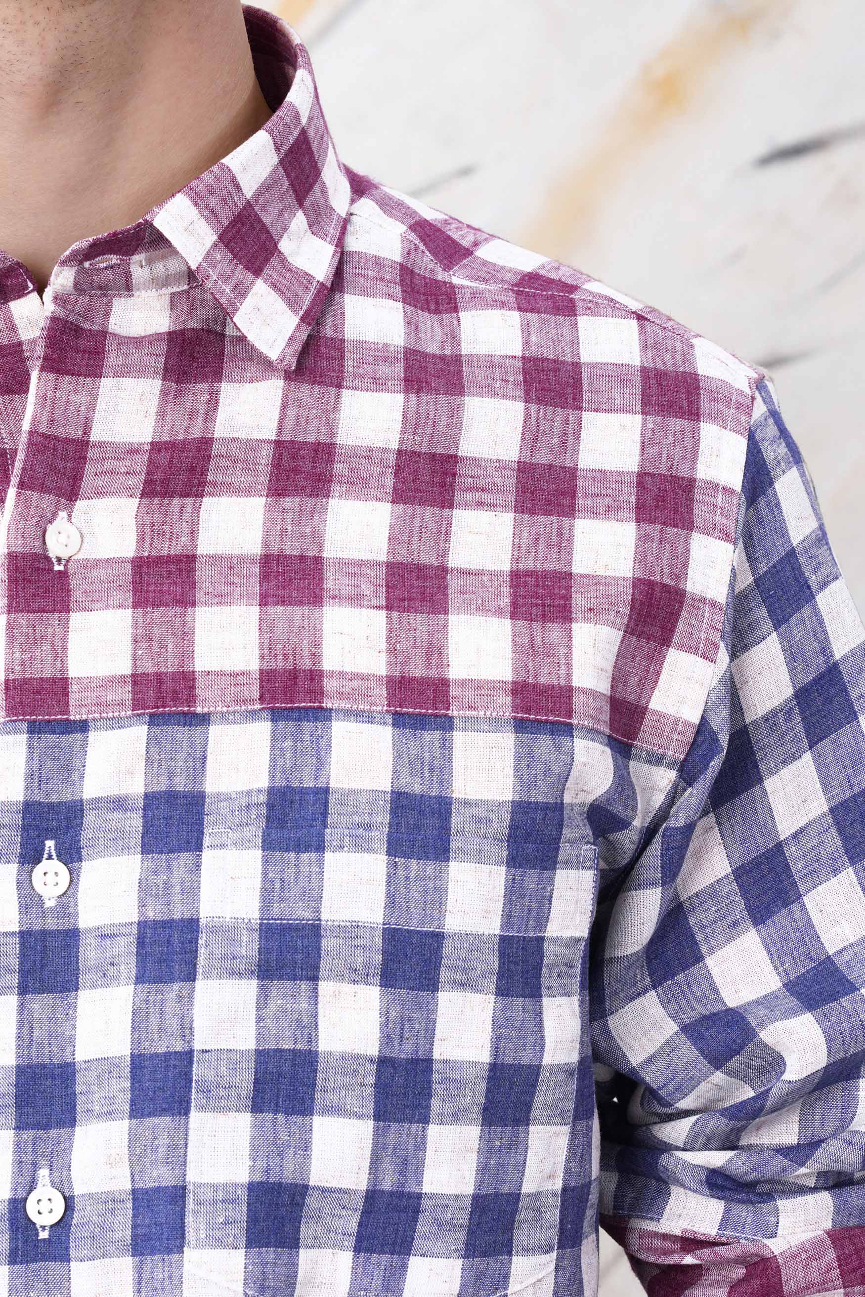 Rhino Blue with Muave Pink and White Plaid Luxurious linen Designer Shirt