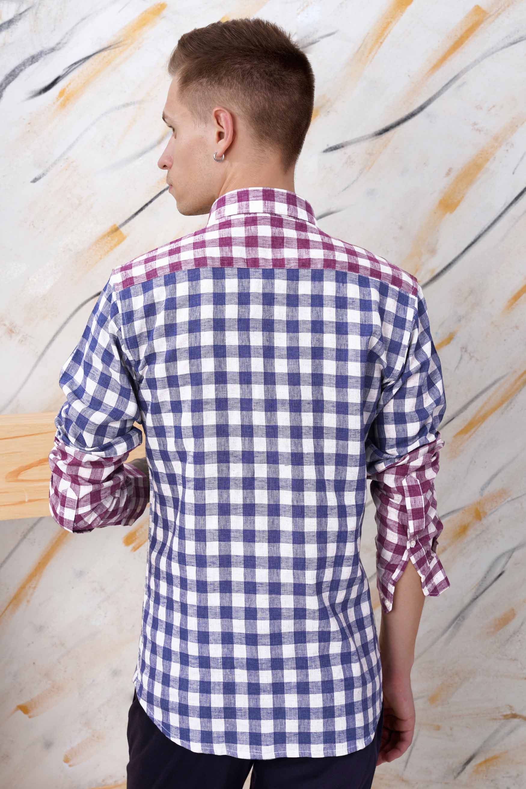 Rhino Blue with Muave Pink and White Plaid Luxurious linen Designer Shirt