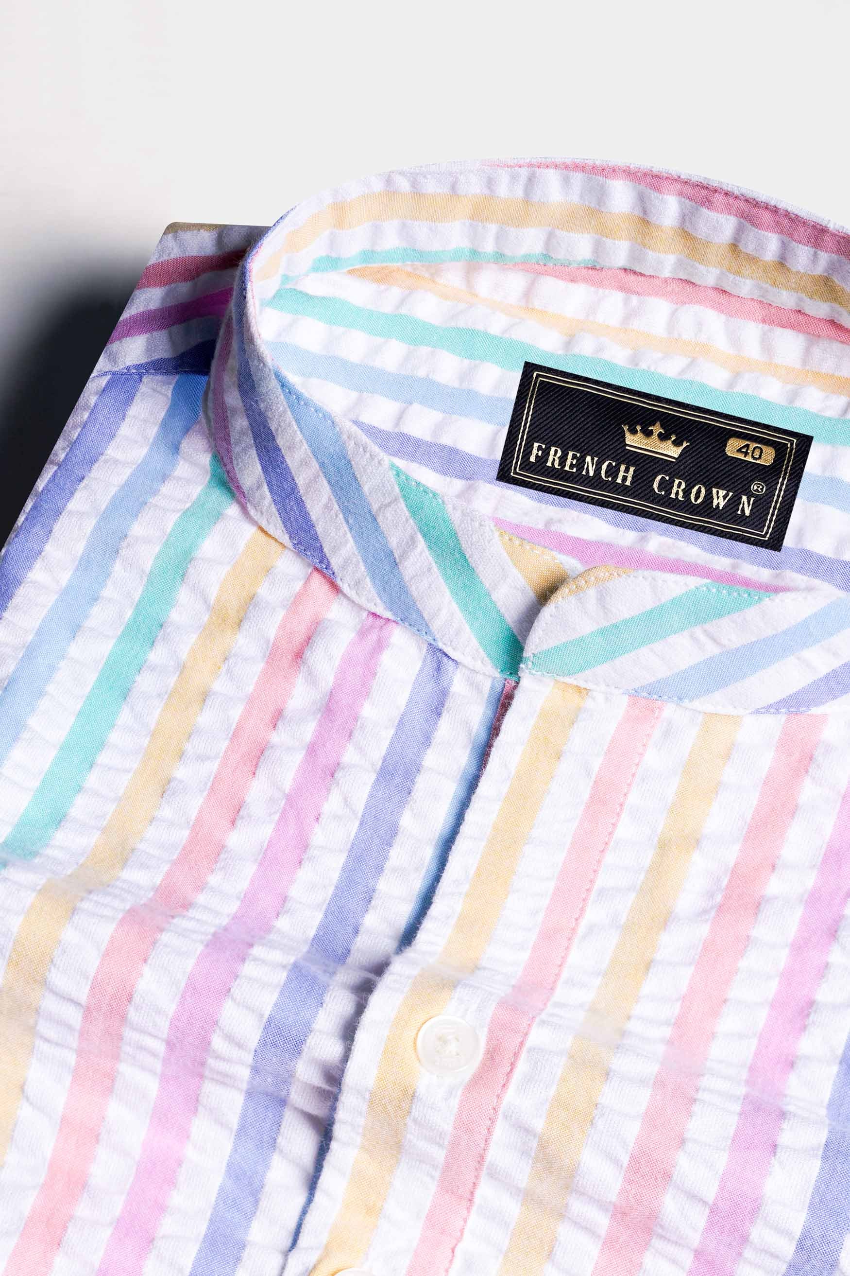 Bright White and Jagged Green Multicolour Striped Seersucker Giza Cotton Shirt