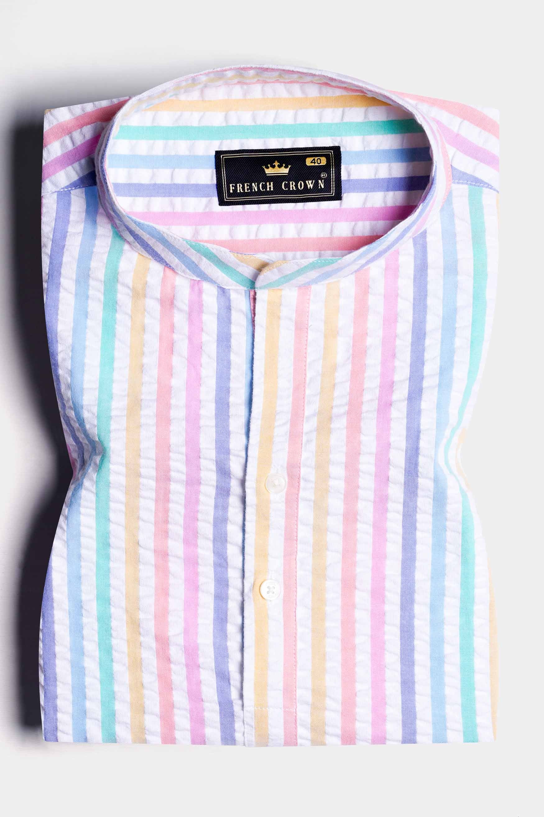 Bright White and Jagged Green Multicolour Striped Seersucker Giza Cotton Shirt