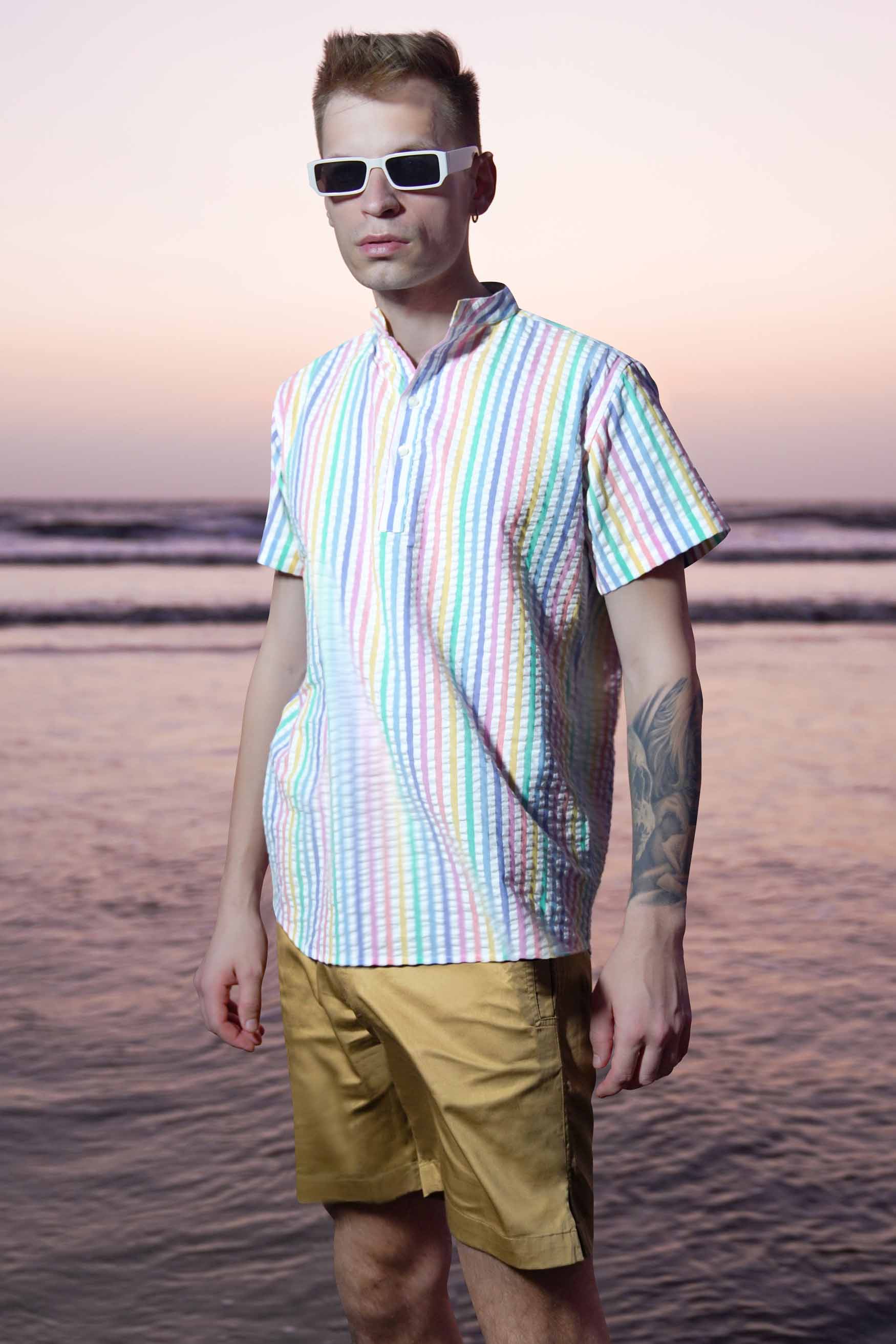 Bright White and Jagged Green Multicolour Striped Seersucker Giza Cotton Shirt