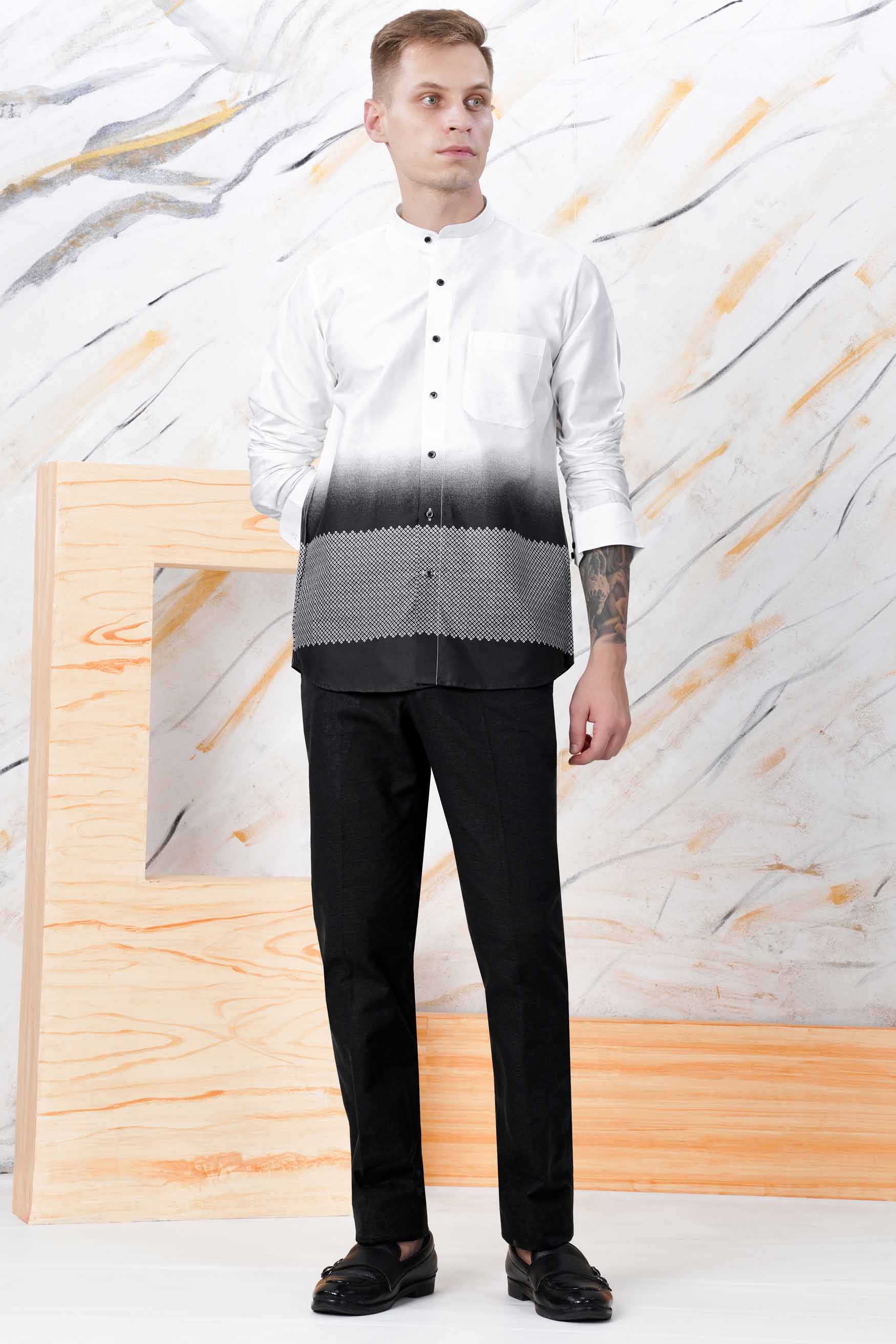 Bright White and Black Printed Subtle Sheen Super Soft Premium Cotton Shirt