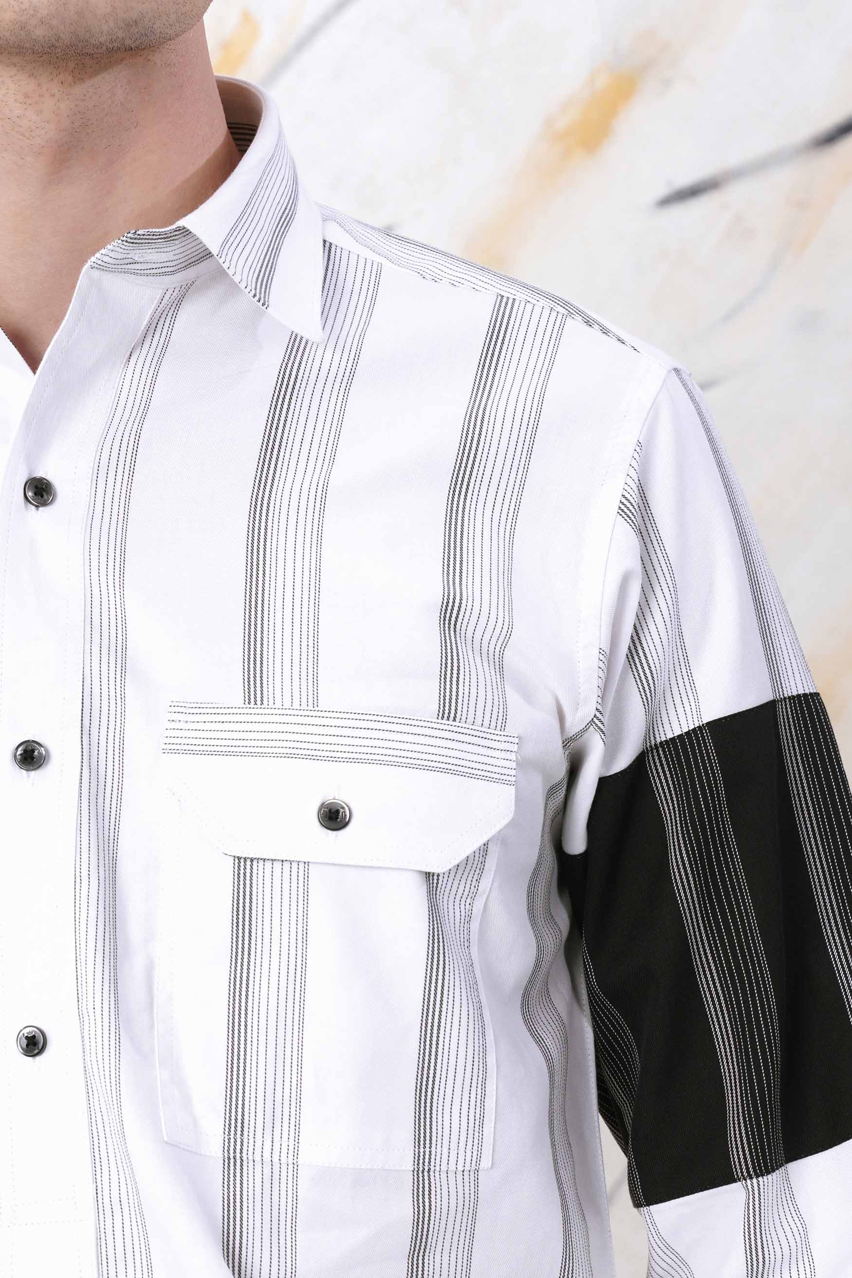 Bright White and Black Striped Dobby Textured Premium Giza Cotton Designer Shirt