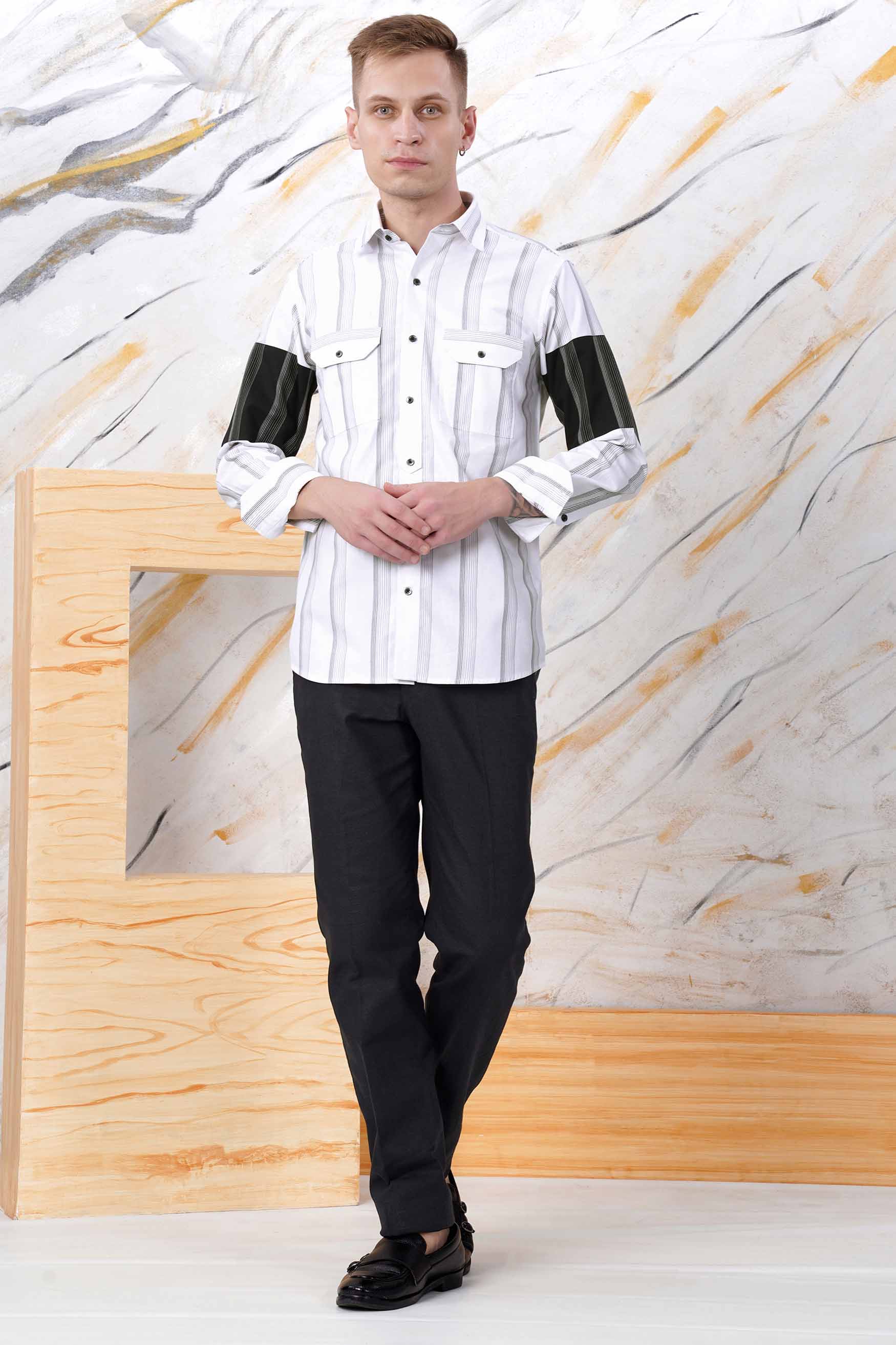 Bright White and Black Striped Dobby Textured Premium Giza Cotton Designer Shirt