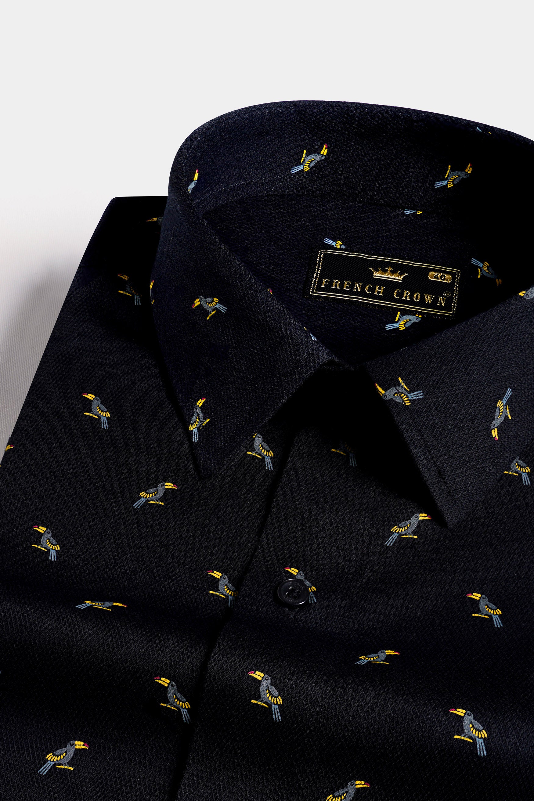 Jade Black Toucans Birds Printed Dobby Textured Premium Giza Cotton Shirt 11668-BLK-38, 11668-BLK-H-38, 11668-BLK-39, 11668-BLK-H-39, 11668-BLK-40, 11668-BLK-H-40, 11668-BLK-42, 11668-BLK-H-42, 11668-BLK-44, 11668-BLK-H-44, 11668-BLK-46, 11668-BLK-H-46, 11668-BLK-48, 11668-BLK-H-48, 11668-BLK-50, 11668-BLK-H-50, 11668-BLK-52, 11668-BLK-H-52