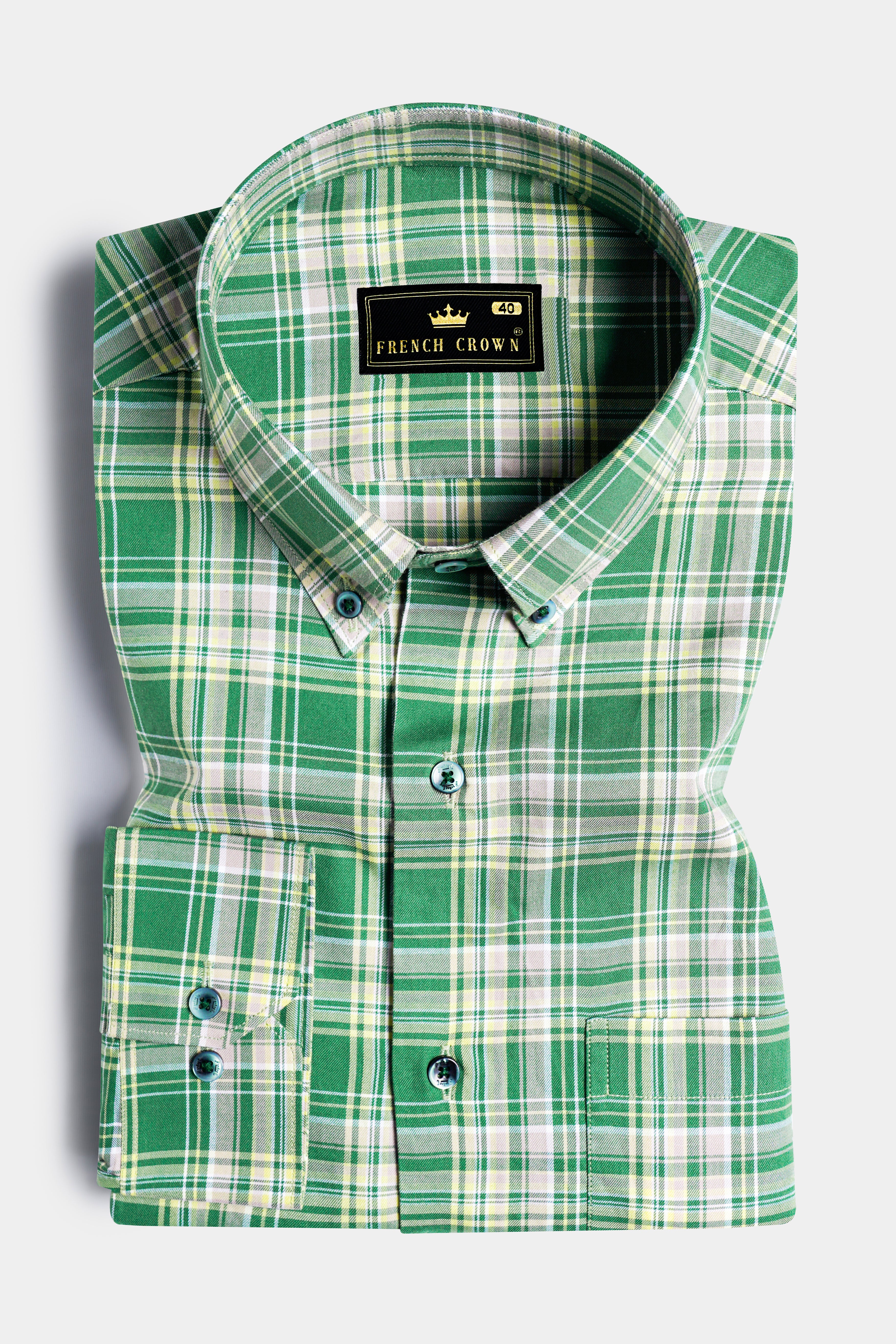 Salem Green and White Twill Plaid Premium Cotton Shirt