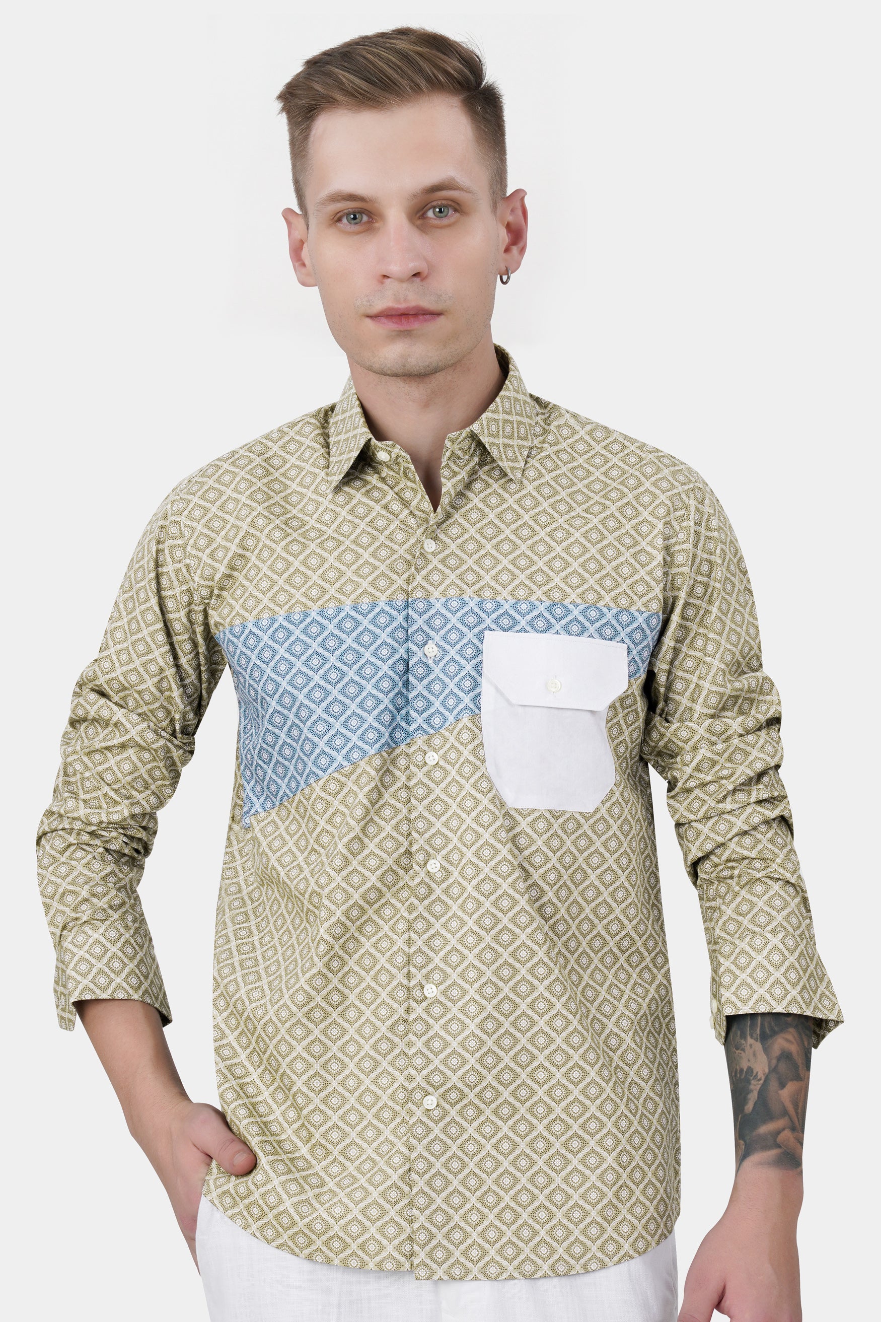 Bison Brown with Danube Blue and White Geometric Printed Premium Cotton Designer Shirt 11695-P500-38, 11695-P500-H-38, 11695-P500-39, 11695-P500-H-39, 11695-P500-40, 11695-P500-H-40, 11695-P500-42, 11695-P500-H-42, 11695-P500-44, 11695-P500-H-44, 11695-P500-46, 11695-P500-H-46, 11695-P500-48, 11695-P500-H-48, 11695-P500-50, 11695-P500-H-50, 11695-P500-52, 11695-P500-H-52
