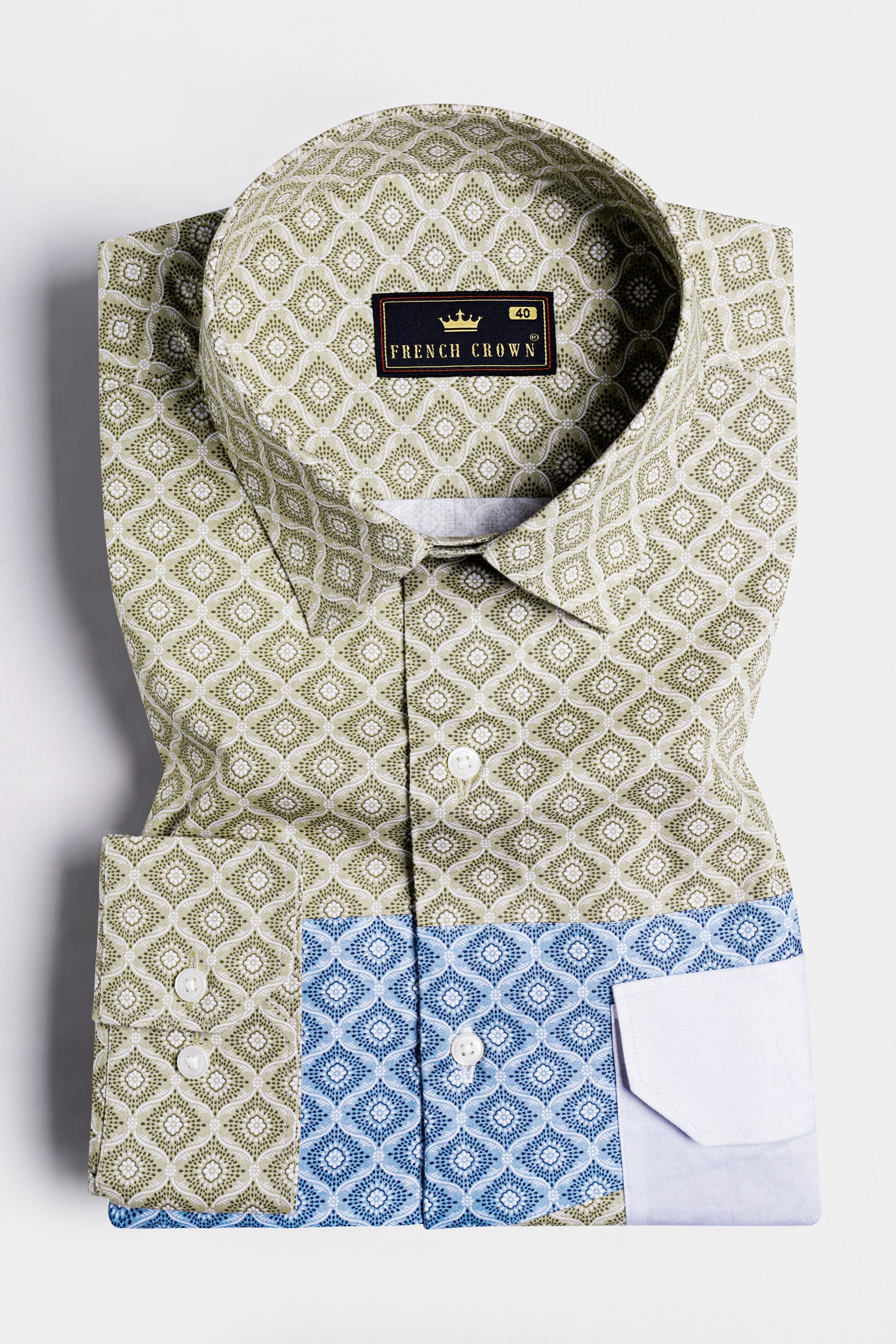 Bison Brown with Danube Blue and White Geometric Printed Premium Cotton Designer Shirt 11695-P500-38, 11695-P500-H-38, 11695-P500-39, 11695-P500-H-39, 11695-P500-40, 11695-P500-H-40, 11695-P500-42, 11695-P500-H-42, 11695-P500-44, 11695-P500-H-44, 11695-P500-46, 11695-P500-H-46, 11695-P500-48, 11695-P500-H-48, 11695-P500-50, 11695-P500-H-50, 11695-P500-52, 11695-P500-H-52