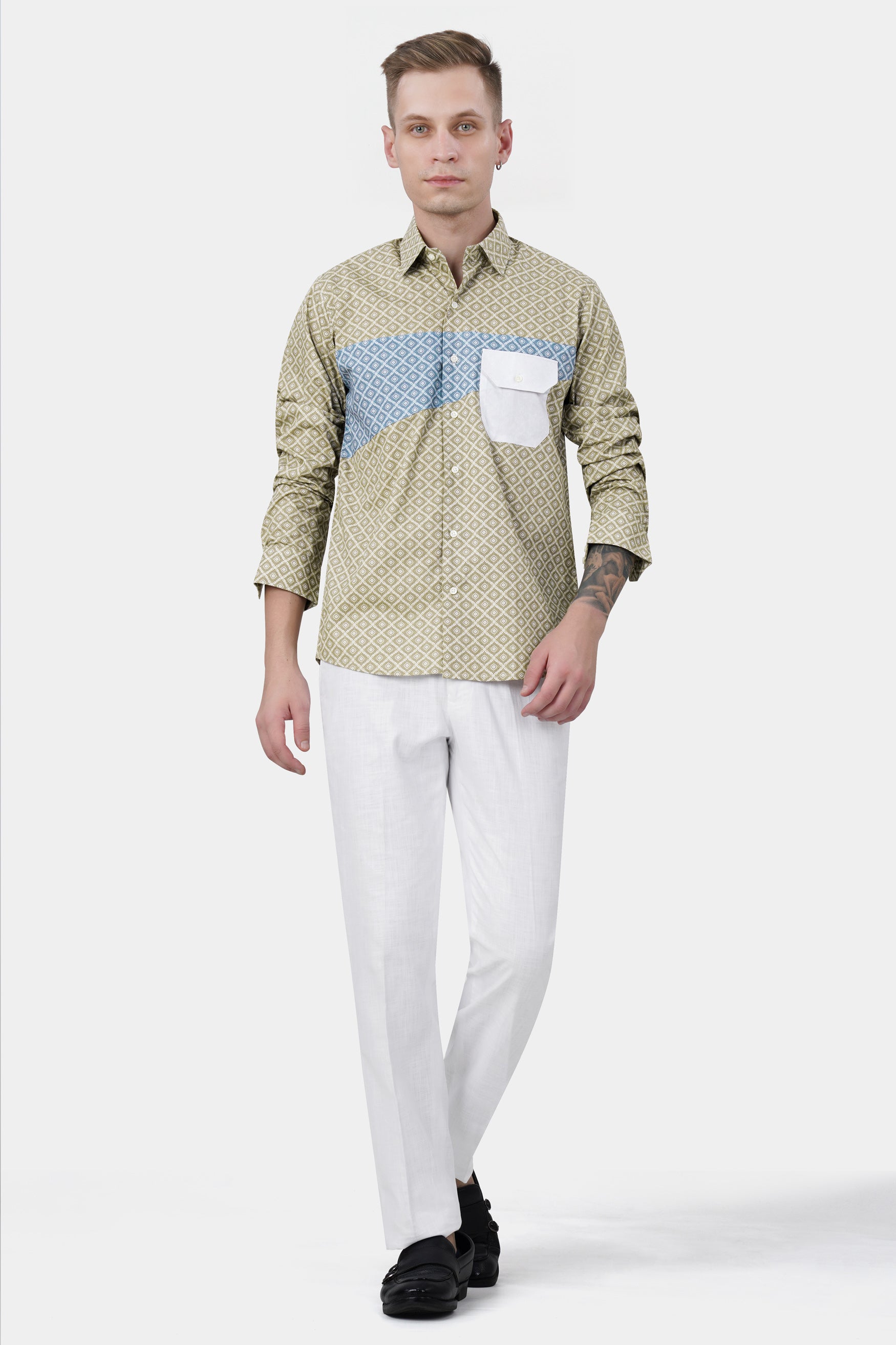 Bison Brown with Danube Blue and White Geometric Printed Premium Cotton Designer Shirt 11695-P500-38, 11695-P500-H-38, 11695-P500-39, 11695-P500-H-39, 11695-P500-40, 11695-P500-H-40, 11695-P500-42, 11695-P500-H-42, 11695-P500-44, 11695-P500-H-44, 11695-P500-46, 11695-P500-H-46, 11695-P500-48, 11695-P500-H-48, 11695-P500-50, 11695-P500-H-50, 11695-P500-52, 11695-P500-H-52