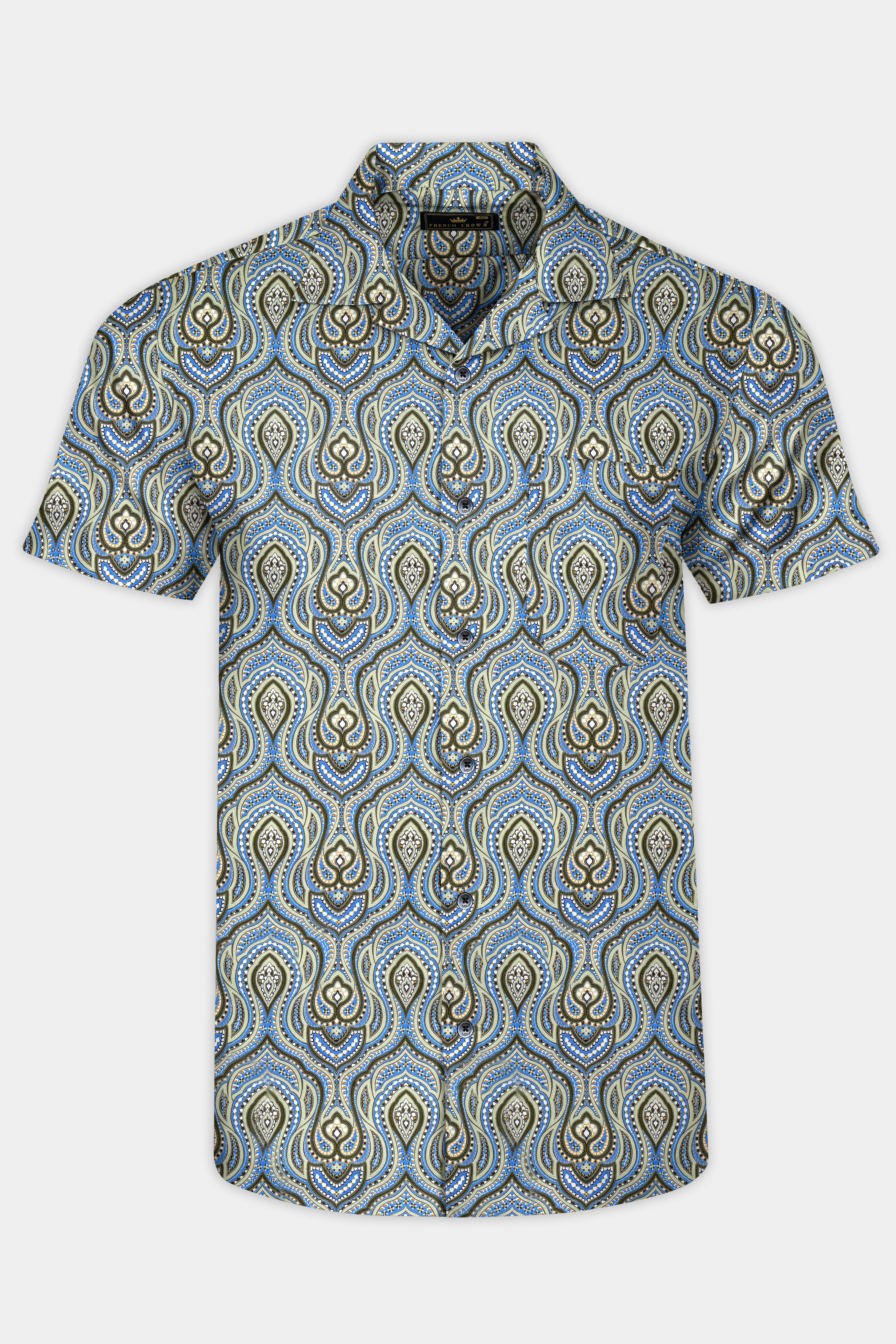 Taupe Green and Curious Blue Multicolour Ethnic Printed Subtle Sheen Super Soft Premium Cotton Shirt
