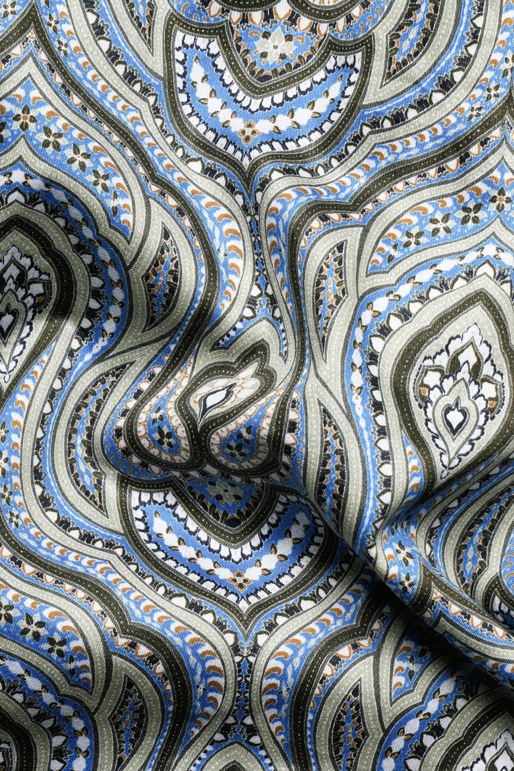 Taupe Green and Curious Blue Multicolour Ethnic Printed Subtle Sheen Super Soft Premium Cotton Shirt