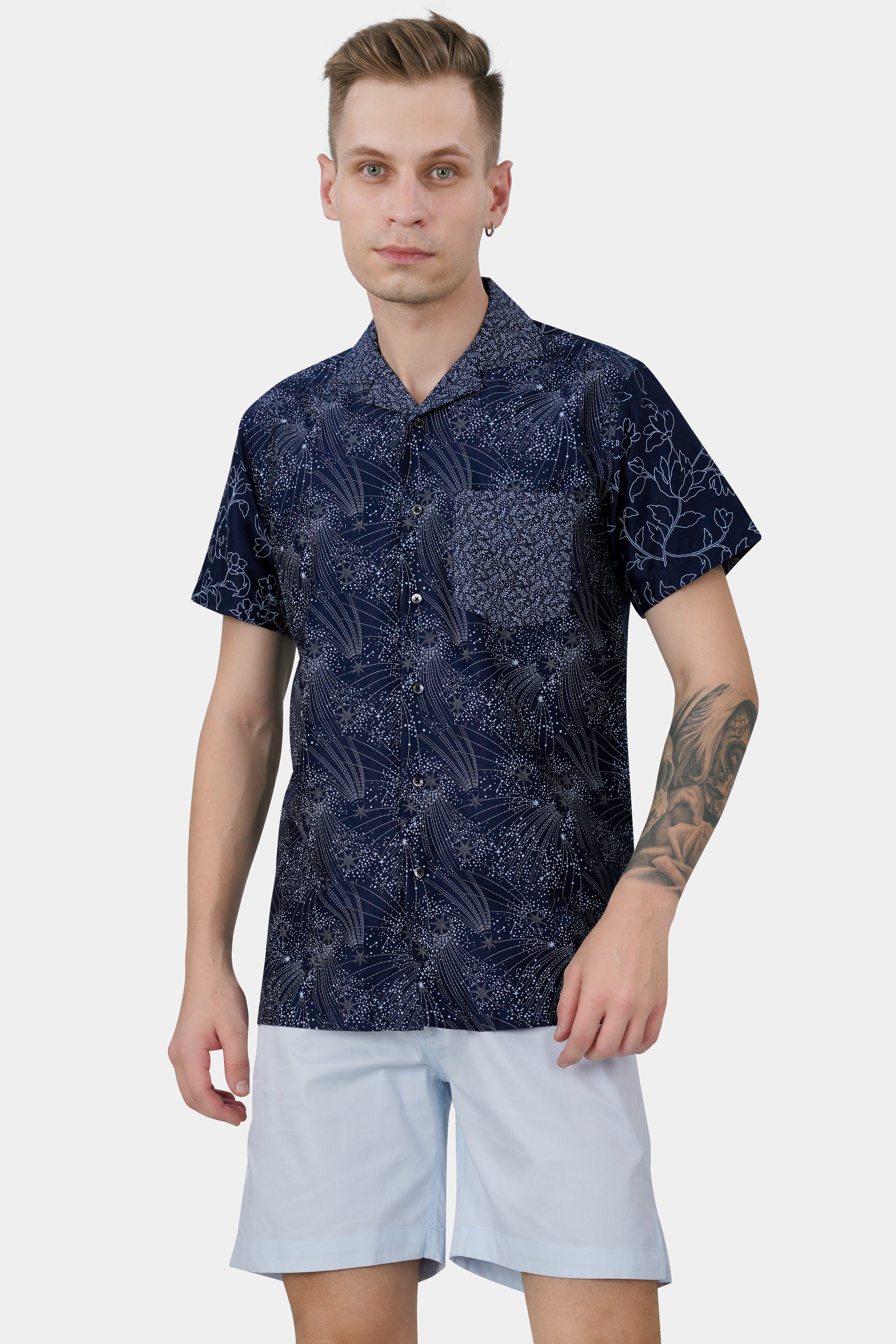 Cinder Blue Leaves Printed Subtle Sheen Super Soft Premium Cotton Shirt 11718-CC-BLK-SS-38, 11718-CC-BLK-SS-39, 11718-CC-BLK-SS-40, 11718-CC-BLK-SS-42, 11718-CC-BLK-SS-44, 11718-CC-BLK-SS-46, 11718-CC-BLK-SS-48, 11718-CC-BLK-SS-50, 11718-CC-BLK-SS-52