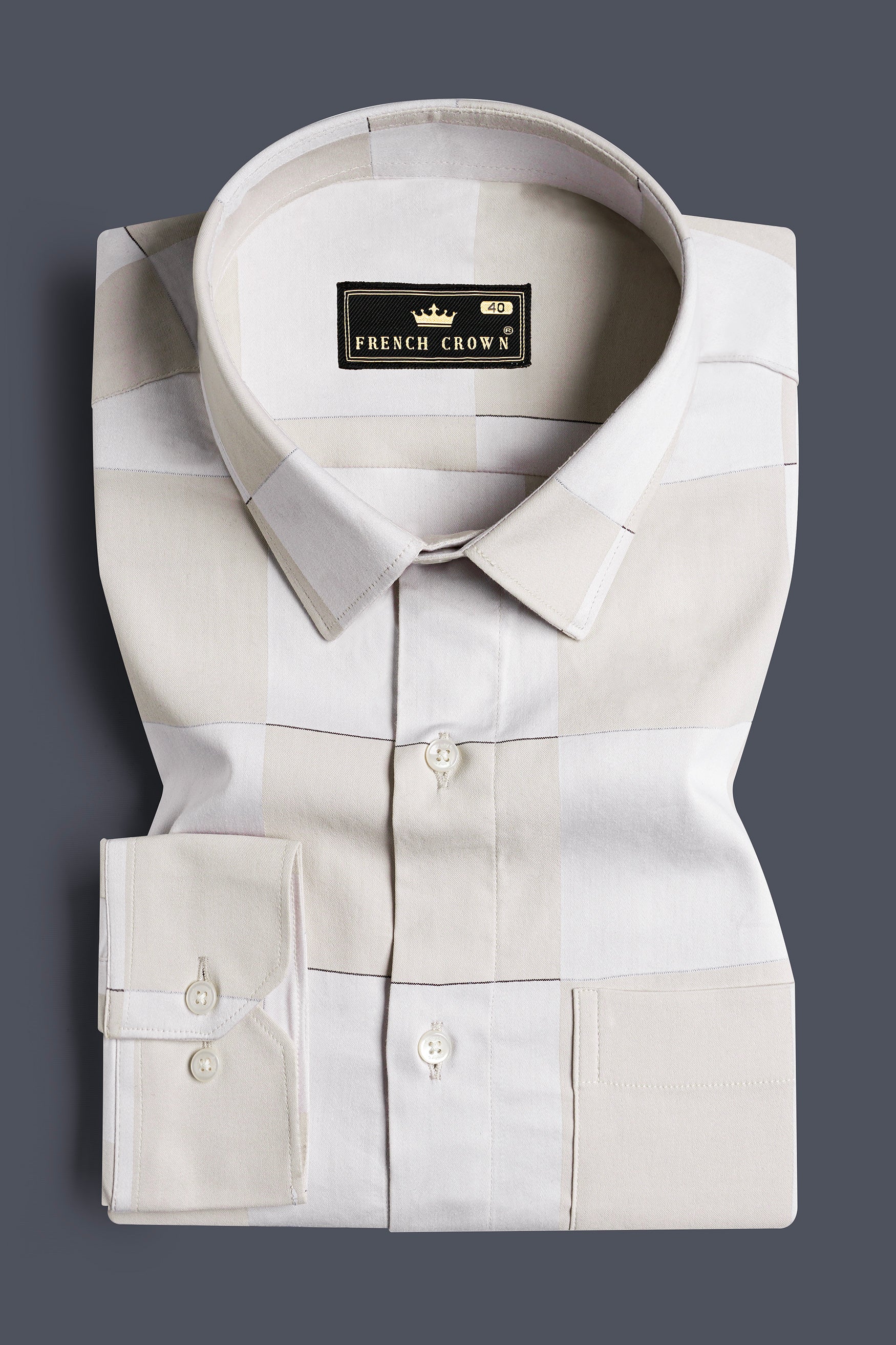 Timberwolf Cream and Quill Gray Checked Subtle Sheen Super Soft Premium Cotton Shirt 11748-38, 11748-H-38, 11748-39, 11748-H-39, 11748-40, 11748-H-40, 11748-42, 11748-H-42, 11748-44, 11748-H-44, 11748-46, 11748-H-46, 11748-48, 11748-H-48, 11748-50, 11748-H-50, 11748-52, 11748-H-52