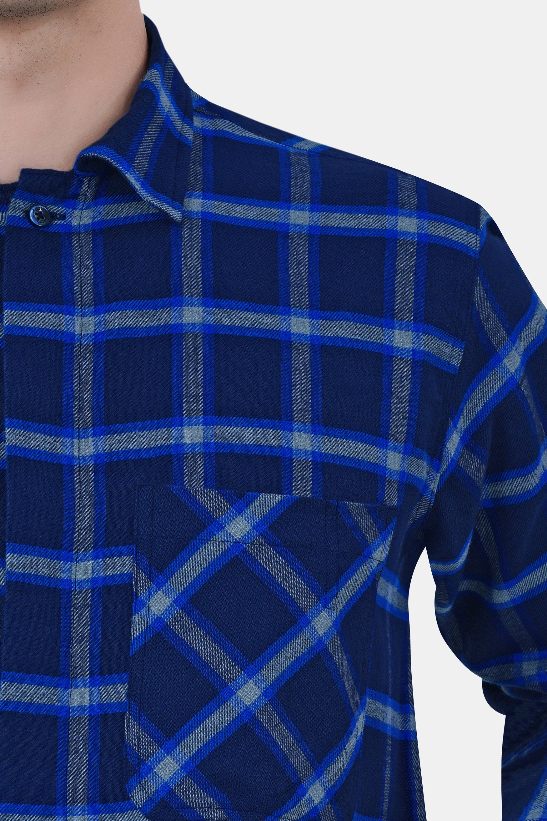 Downriver Blue and White Twill Checkered Premium Cotton Designer Overshirt