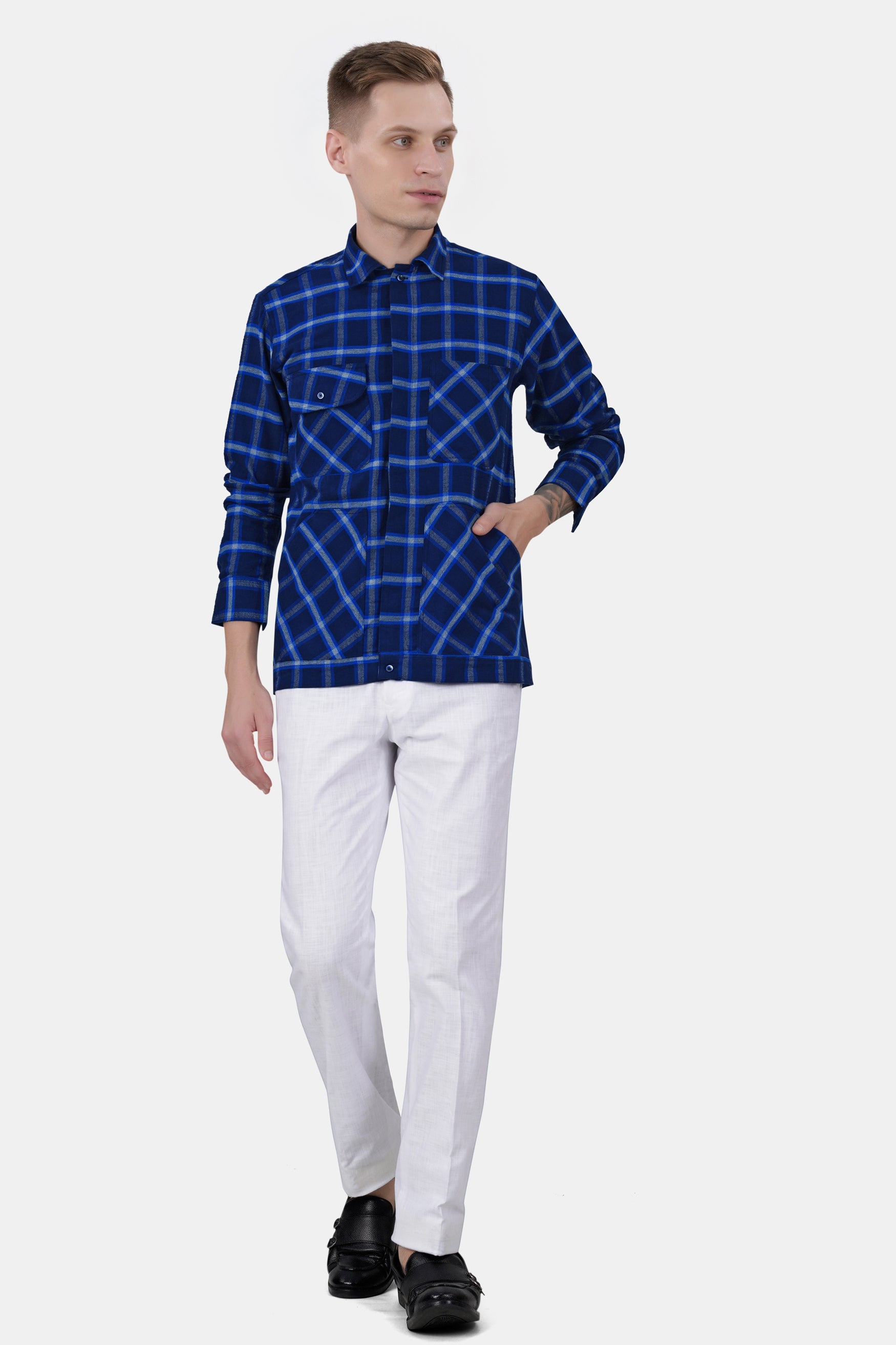 Downriver Blue and White Twill Checkered Premium Cotton Designer Overshirt