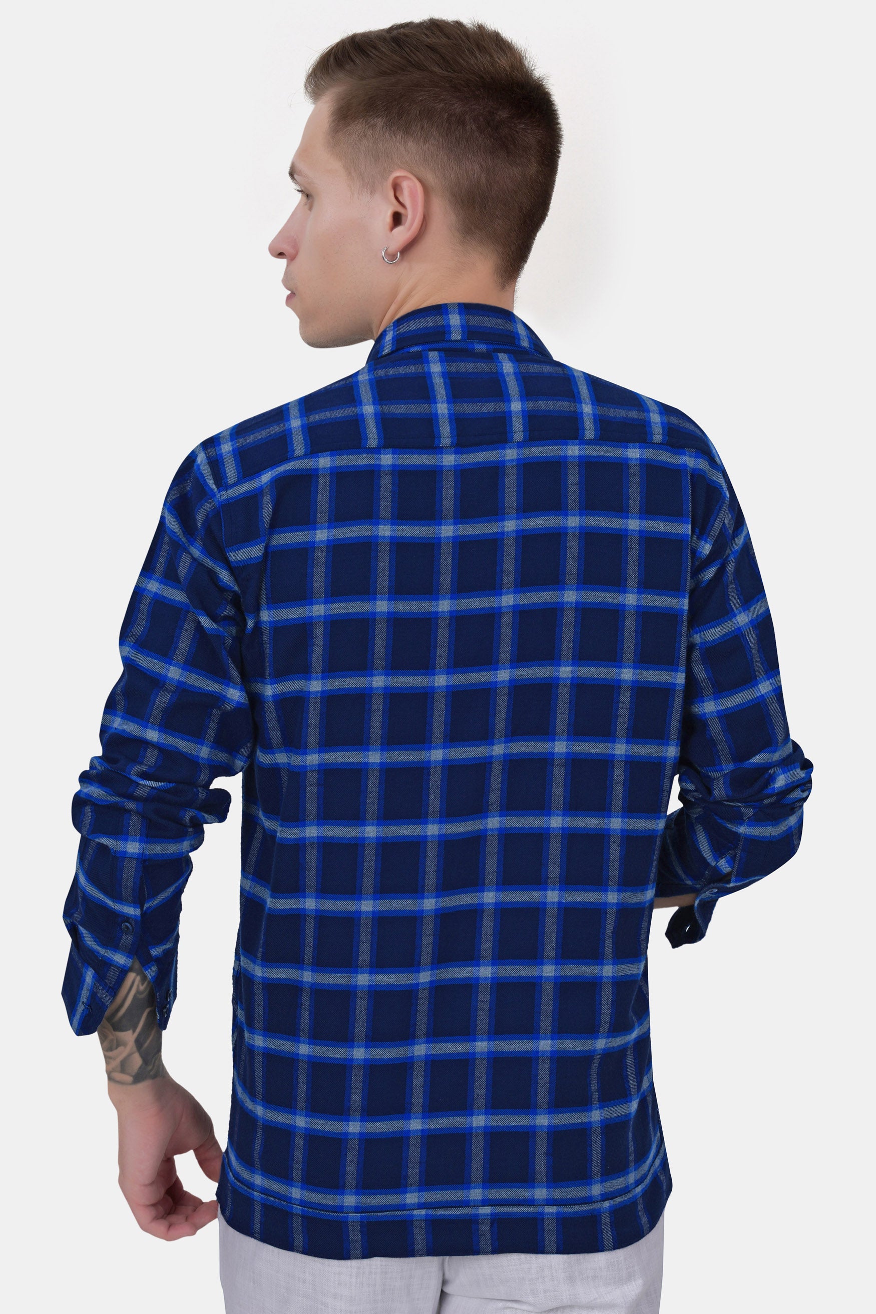 Downriver Blue and White Twill Checkered Premium Cotton Designer Overshirt