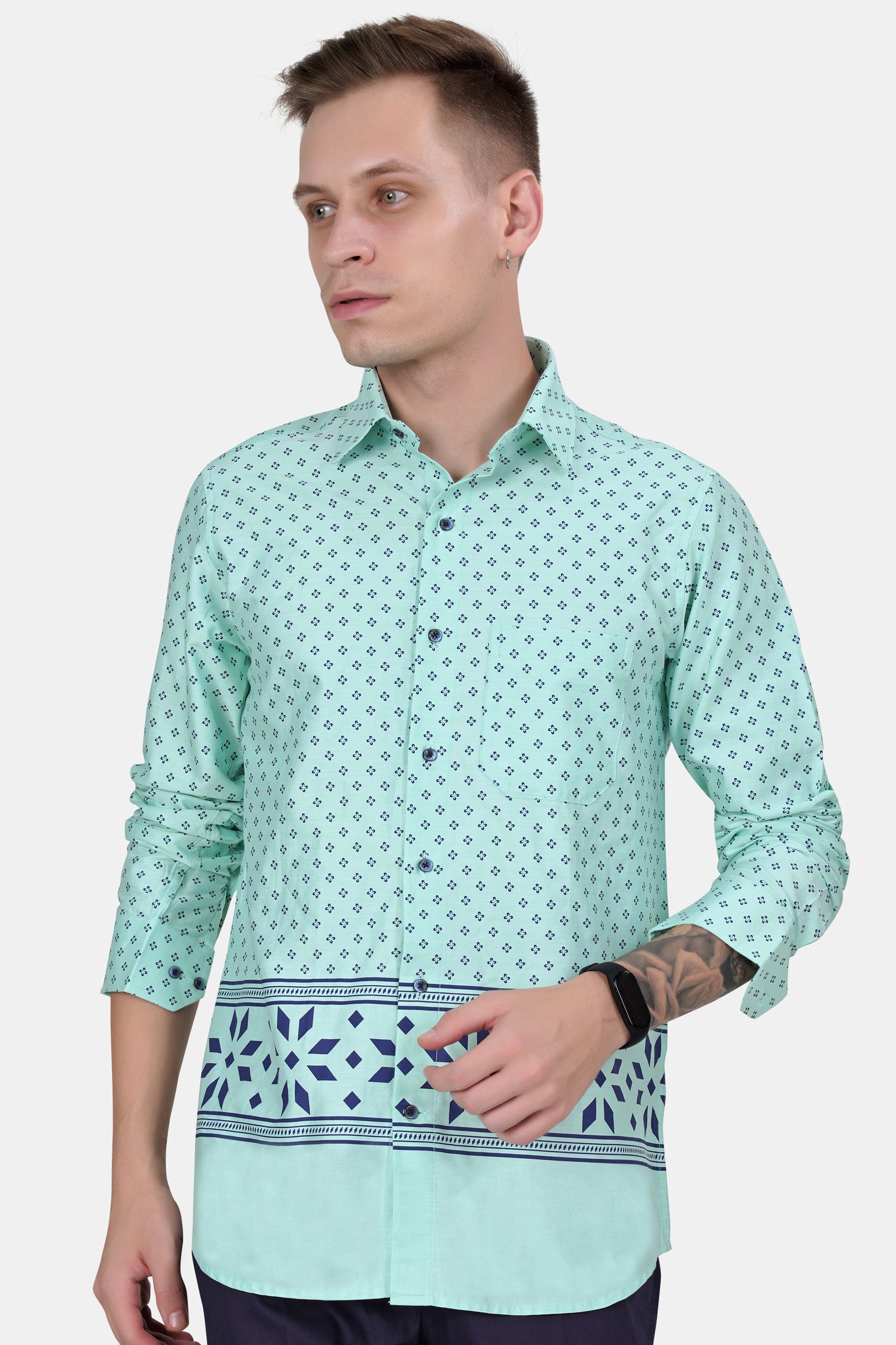 Montecarlo Green and Prussian Blue Block Printed Twill Premium Cotton Shirt