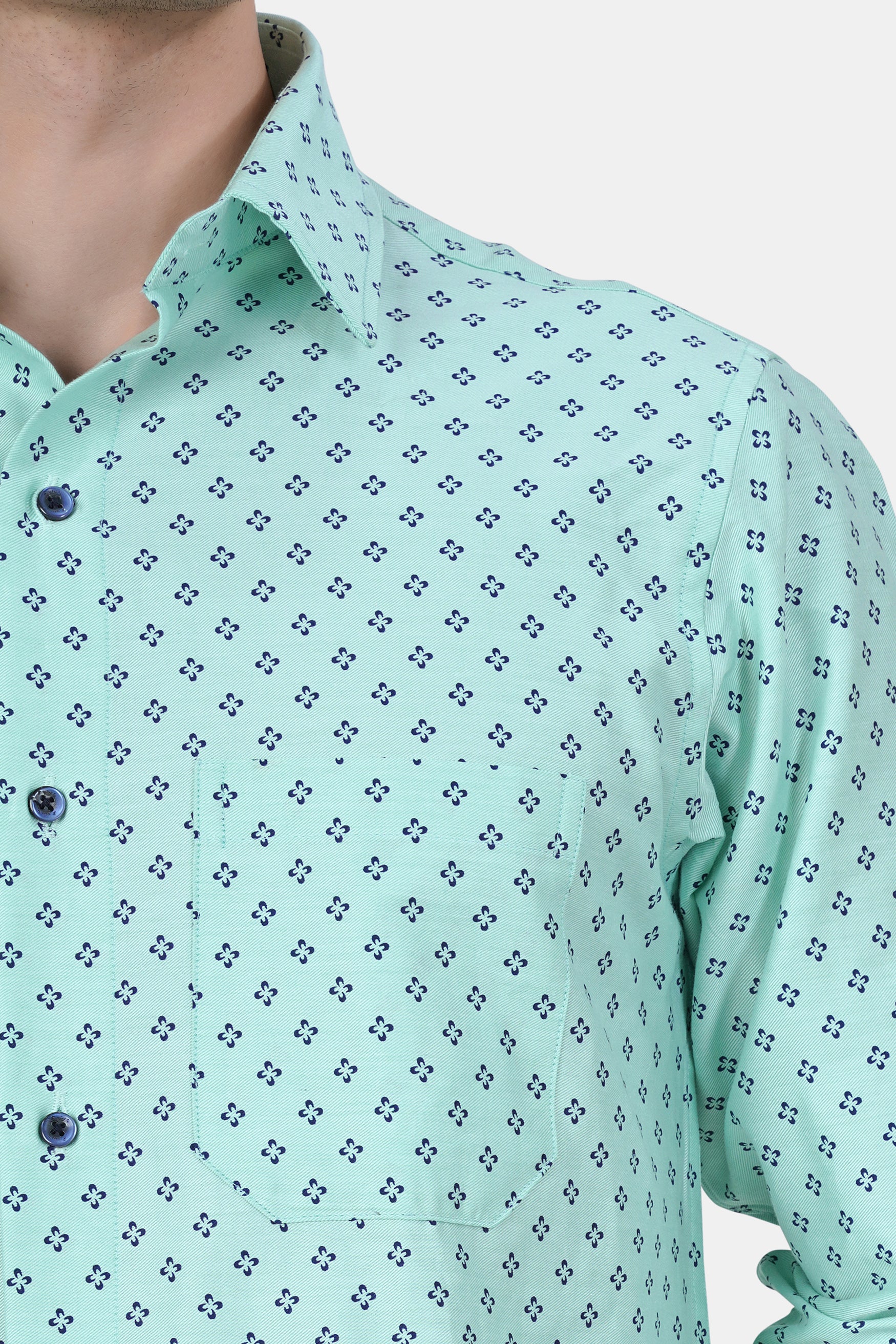 Montecarlo Green and Prussian Blue Block Printed Twill Premium Cotton Shirt